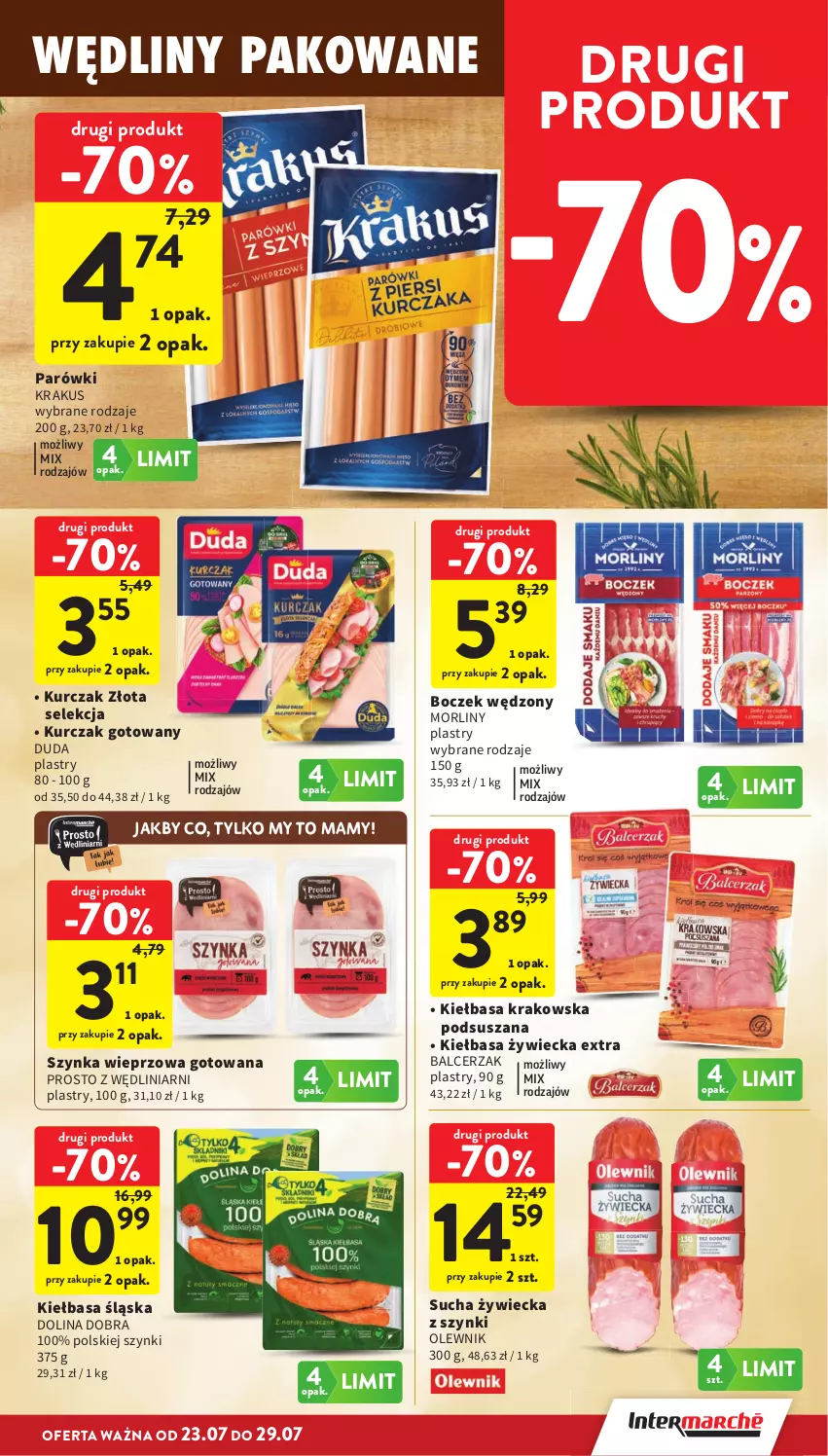 Gazetka promocyjna Intermarche - Gazetka promocyjna - ważna 23.07 do 29.07.2026 - strona 15 - produkty: Boczek, Duda, Kiełbasa, Kiełbasa krakowska, Kiełbasa śląska, Krakus, Kurczak, Kurczak gotowany, Morliny, Olewnik, Parówki, Szynka, Szynka wieprzowa
