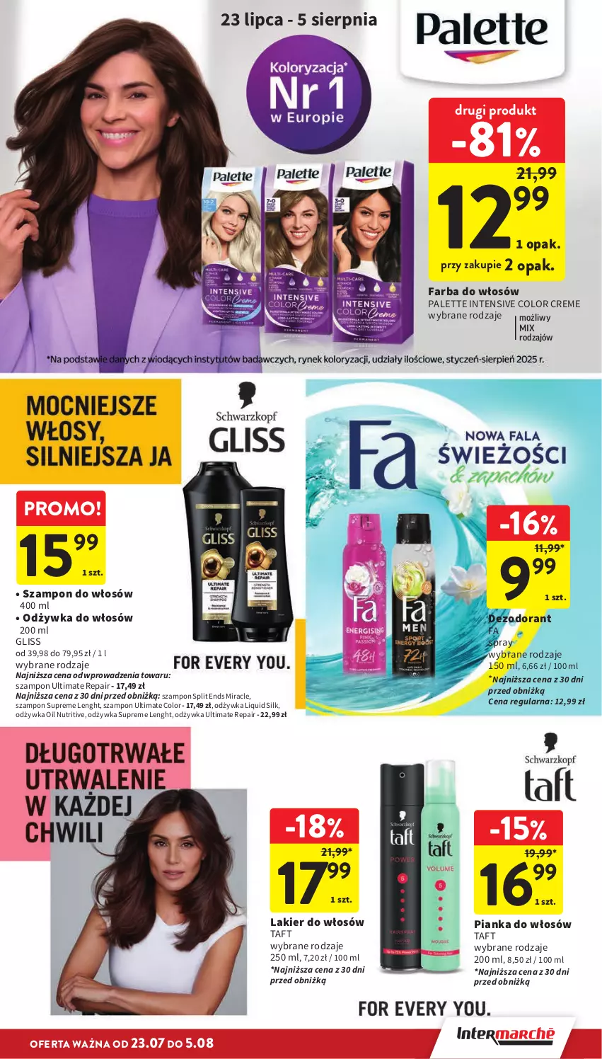Gazetka promocyjna Intermarche - Gazetka promocyjna - ważna 23.07 do 29.07.2026 - strona 33 - produkty: Color Creme, Dezodorant, Fa, Farba do włosów, Lakier, Lakier do włosów, Odżywka, Palette, Pianka do włosów, Szampon, Taft