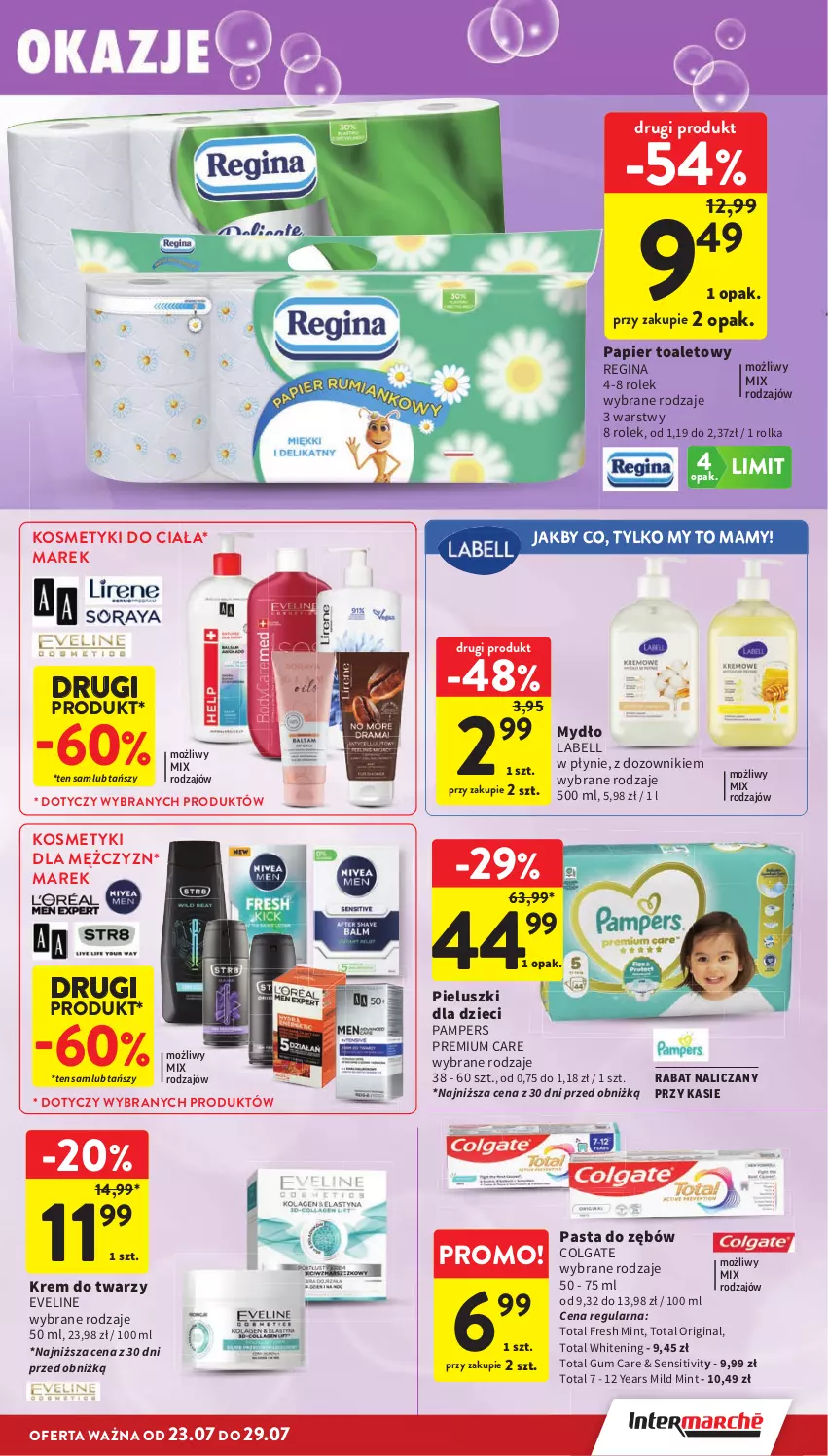 Gazetka promocyjna Intermarche - Gazetka promocyjna - ważna 23.07 do 29.07.2026 - strona 35 - produkty: Bell, Colgate, Dozownik, Dzieci, Eveline, Gin, Krem do twarzy, LG, Mydło, Pampers, Papier, Papier toaletowy, Pasta do zębów