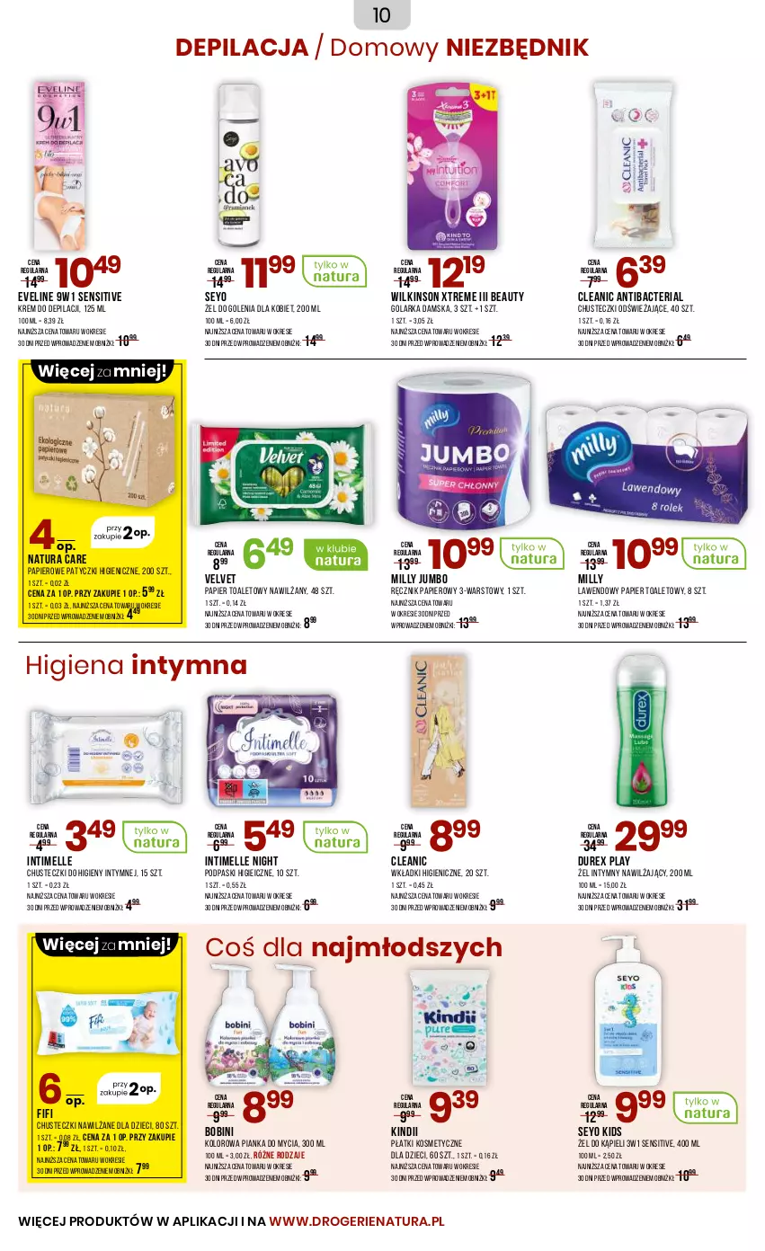 Gazetka promocyjna Drogerie Natura - Gazetka Drogerie Natura - ważna 06.05 do 22.05.2025 - strona 10 - produkty: Chusteczki, Chusteczki do higieny, Cleanic, Durex, Dzieci, Eveline, Golarka, Kindii, Krem do depilacji, Papier, Papier toaletowy, Płatki kosmetyczne, Podpaski, Ręcznik, Velvet, Wkładki