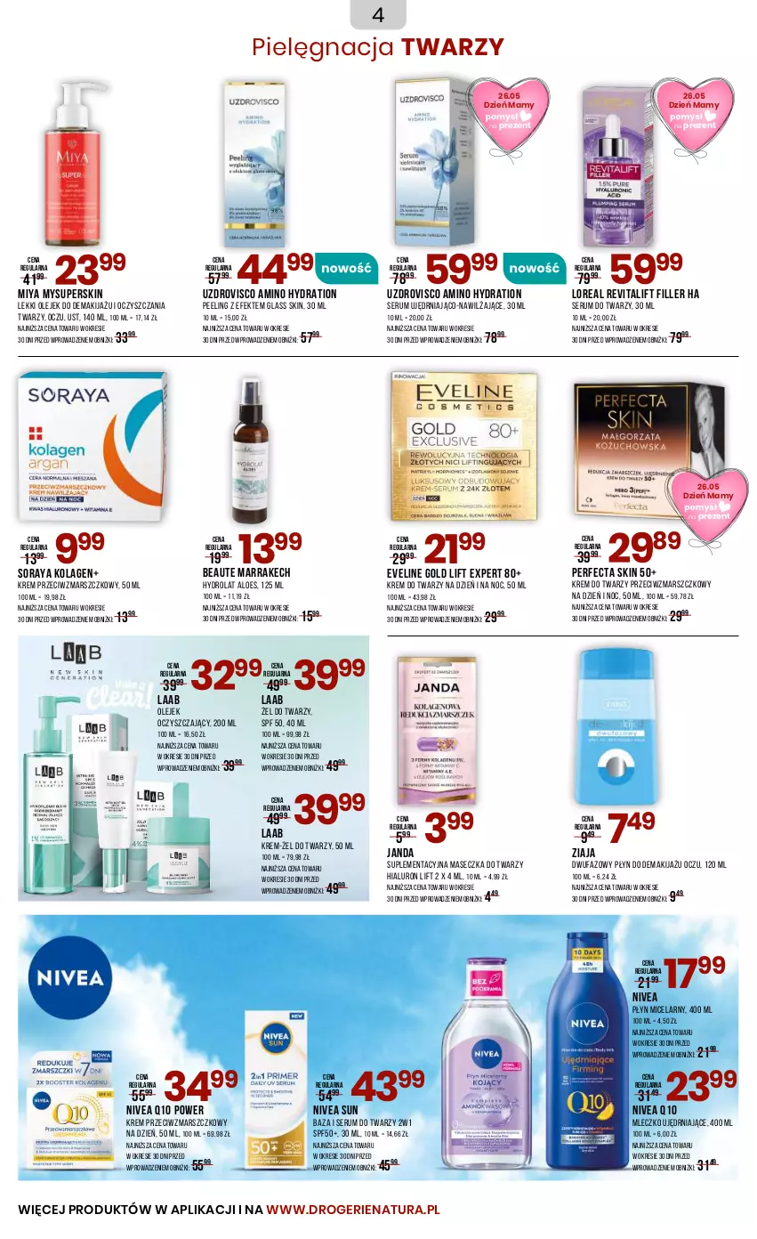 Gazetka promocyjna Drogerie Natura - Gazetka Drogerie Natura - ważna 06.05 do 22.05.2025 - strona 4 - produkty: Eveline, Fa, Hydrolat, Kolagen, Krem do twarzy, Krem przeciwzmarszczkowy, Makijaż, Mars, Mleczko, Nivea, Nivea Q10, Olej, Olejek do demakijażu, Peeling, Perfecta, Płyn micelarny, Rum, Ser, Serum, Serum do twarzy, Ziaja