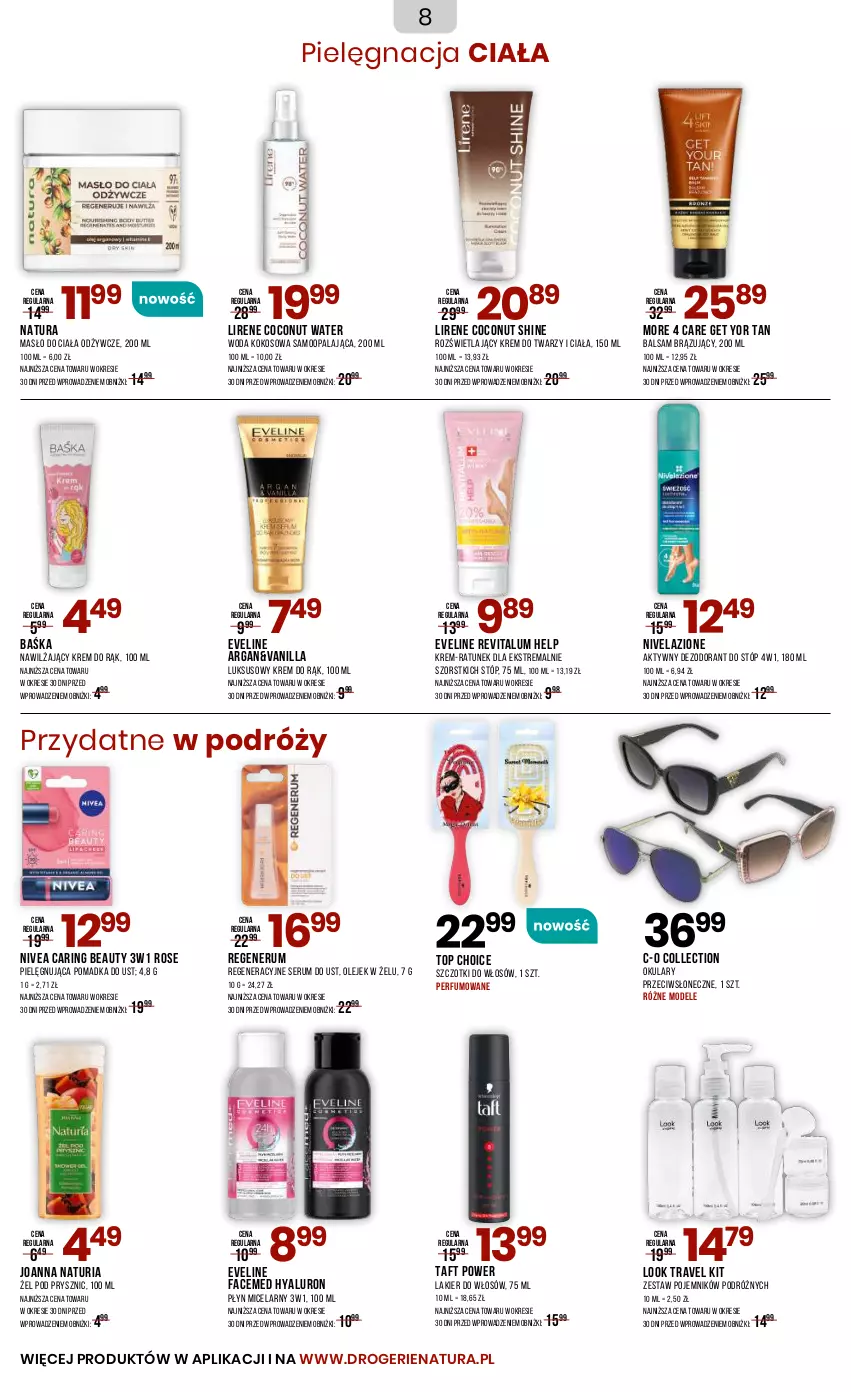 Gazetka promocyjna Drogerie Natura - Gazetka Drogerie Natura - ważna 06.05 do 22.05.2025 - strona 8 - produkty: Dezodorant, Eveline, Fa, Joanna, Kokos, Krem do rąk, Krem do twarzy, Lakier, Lakier do włosów, Lirene, Masło, Masło do ciała, Nivea, Nivelazione, Olej, Perfum, Płyn micelarny, Pojemnik, Rum, Ser, Serum, Taft, Top, Woda