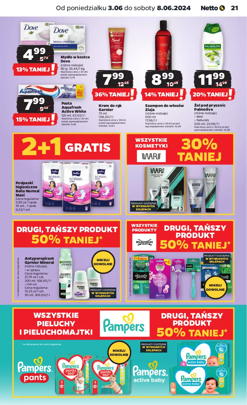 Gazetka promocyjna Netto - Od Poniedziałku - ważna 03.06 do 08.06.2024 - strona 21 - produkty: Antyperspirant, Aquafresh, Bell, Bella, Dove, Garnier, Gra, Krem do rąk, Majtki, Mydło, Palmolive, Pieluchomajtki, Pieluchy, Podpaski, Szampon, Ziaja