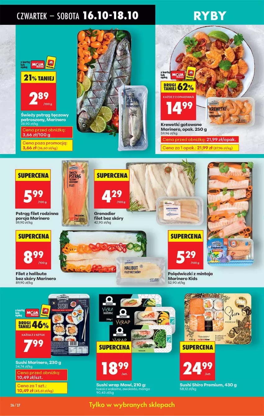 Gazetka promocyjna Biedronka - Od Czwartku - ważna 16.10 do 22.10.2025 - strona 28 - produkty: Grenadier, Halibut, Krewetki, Mintaj, Por, Pstrąg