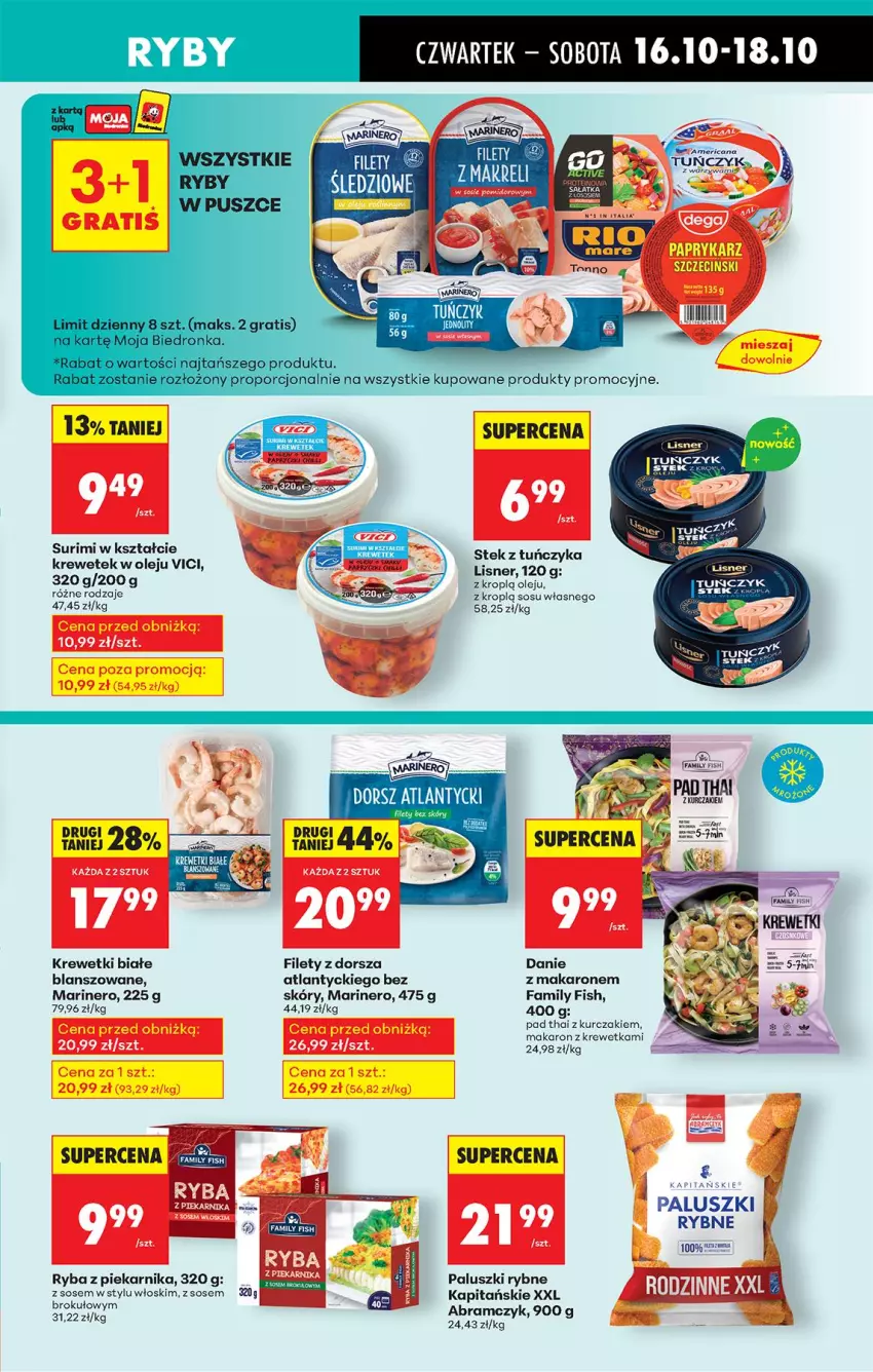 Gazetka promocyjna Biedronka - Od Czwartku - ważna 16.10 do 22.10.2025 - strona 29 - produkty: Dorsz, Fa, Krewetki, Kurczak, Lisner, Makaron, Olej, Paluszki rybne, Piekarnik, Ryba, Ryba z piekarnika, Sałat, Sałatka, Sos, Stek, Surimi, Tuńczyk