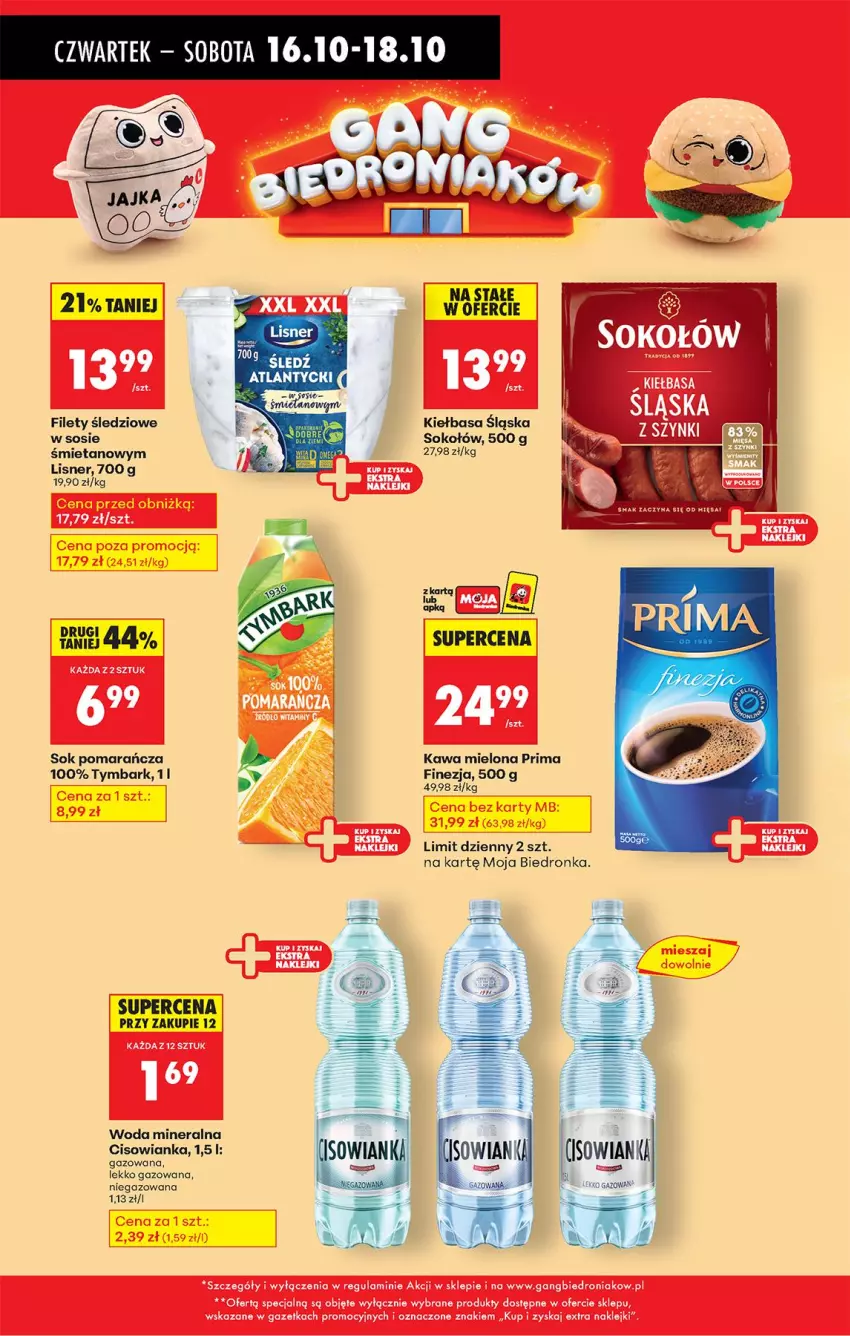 Gazetka promocyjna Biedronka - Od Czwartku - ważna 16.10 do 22.10.2025 - strona 42 - produkty: Cisowianka, Fa, Kawa, Kawa mielona, Kiełbasa, Kiełbasa śląska, Lisner, Prima, Sok, Sokołów, Sos, Top, Tymbark, Woda, Woda mineralna