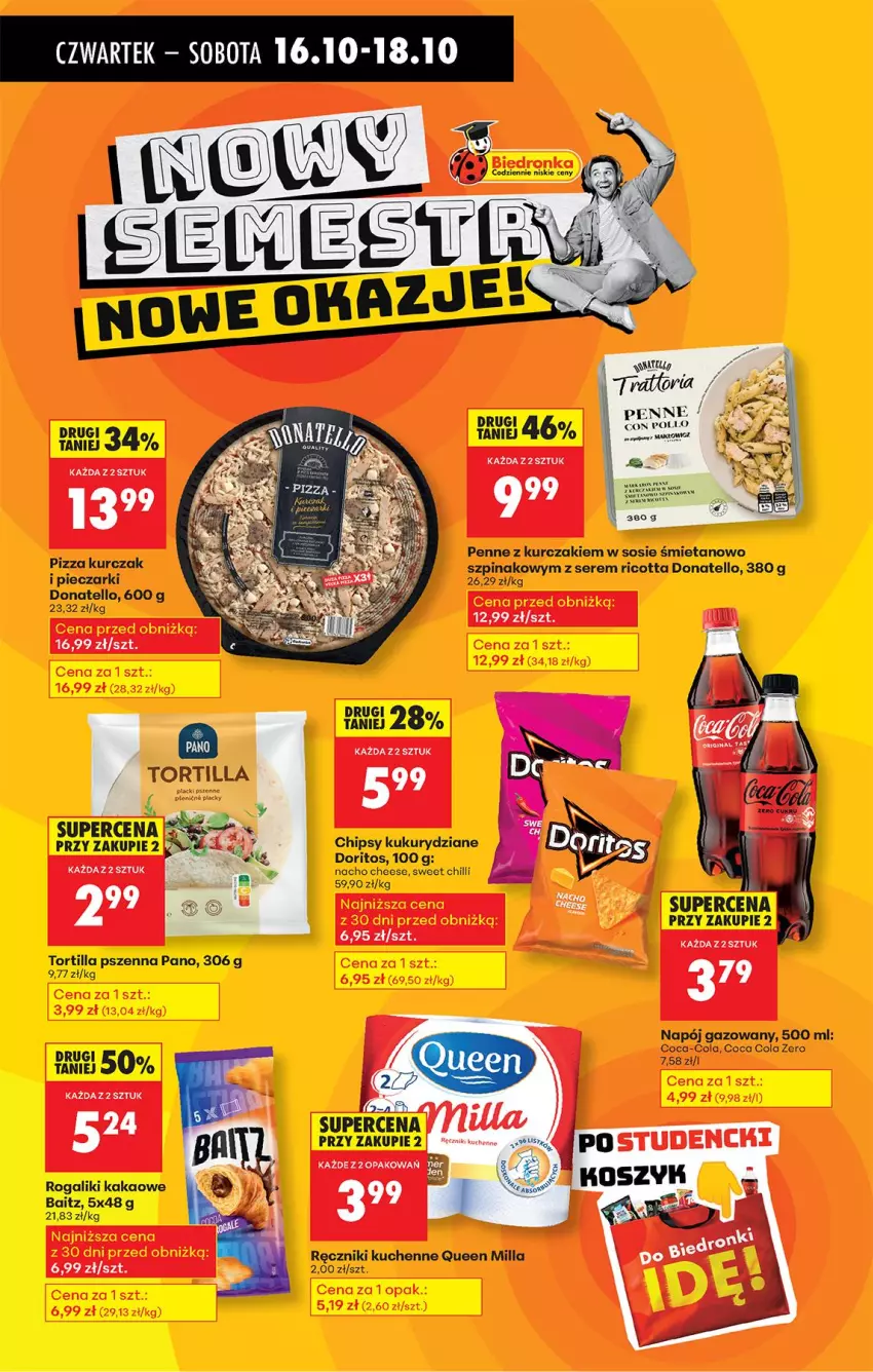 Gazetka promocyjna Biedronka - Od Czwartku - ważna 16.10 do 22.10.2025 - strona 43 - produkty: Chipsy, Coca-Cola, Fa, Kakao, Kurczak, Napój, Napój gazowany, Penne, Piec, Pizza, Ręcznik, Ricotta, Rogal, Ser, Sos, Szpinak, Tortilla