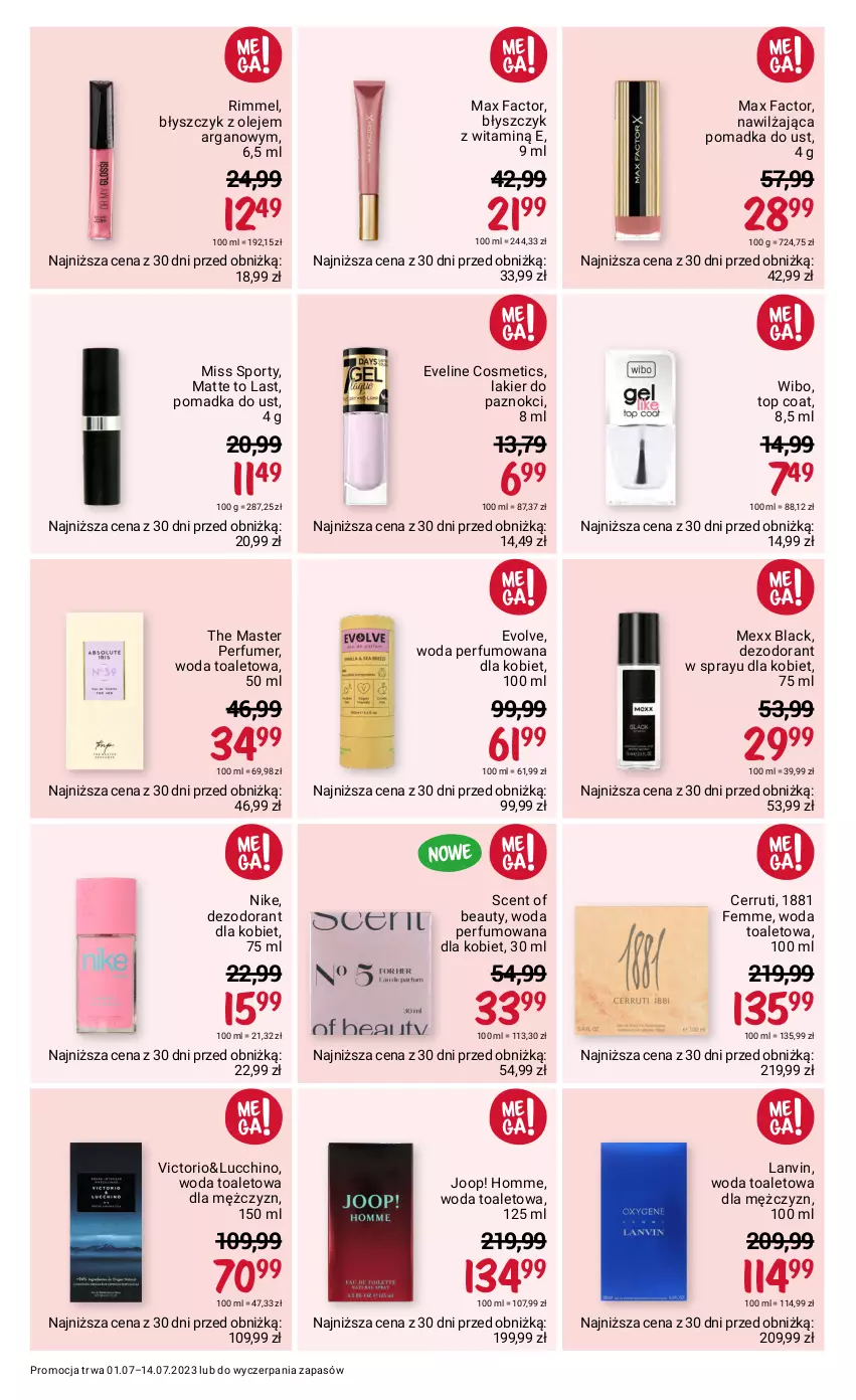 Gazetka promocyjna Rossmann - 1 lipca - ważna 01.07 do 14.07.2023 - strona 5 - produkty: Cerruti, Dezodorant, Eveline, Fa, JOOP!, Lack, Lakier, Lakier do paznokci, Lanvin, Max Factor, Mexx, Miss Sporty, Nike, Olej, Perfum, Por, Sport, Top, Wibo, Woda, Woda perfumowana, Woda toaletowa