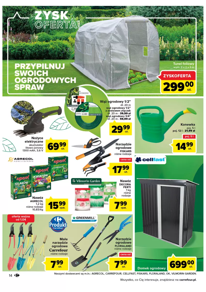 Gazetka promocyjna Carrefour - Gazetka Wiosna w ogrodzie - ważna 15.03 do 16.04.2022 - strona 14 - produkty: Akumulator, Fa, Fiskars, Flora, Konewka, Nawóz, Noż, Nożyce, Sos