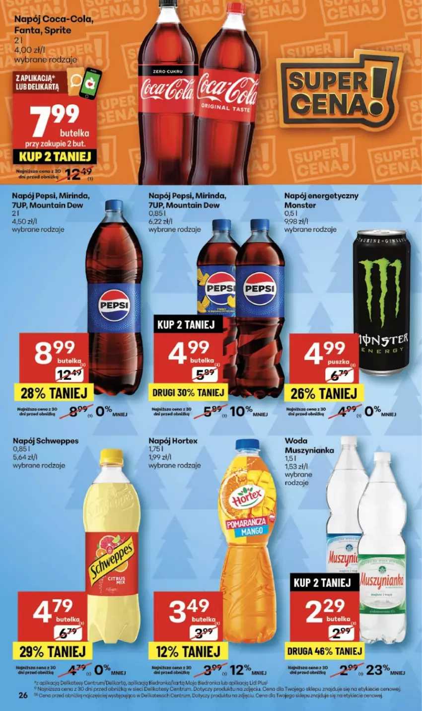 Gazetka promocyjna Delikatesy Centrum - Franczyza DC48 Czwartek - ważna 27.11 do 03.12.2025 - strona 26 - produkty: 7up, Hortex, Koc, Mirinda, Mus, Muszynianka, Napój, Napój energetyczny, Pepsi, Rum, Schweppes, Woda