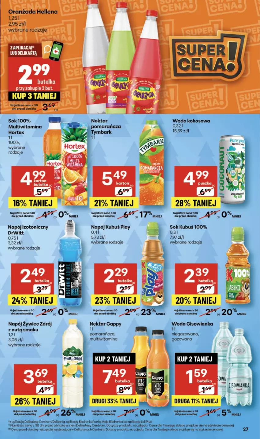 Gazetka promocyjna Delikatesy Centrum - Franczyza DC48 Czwartek - ważna 27.11 do 03.12.2025 - strona 27 - produkty: Cappy, Cisowianka, Hortex, Kokos, Kubuś, Napój, Napój izotoniczny, Nektar, Por, Rum, Sok, Woda