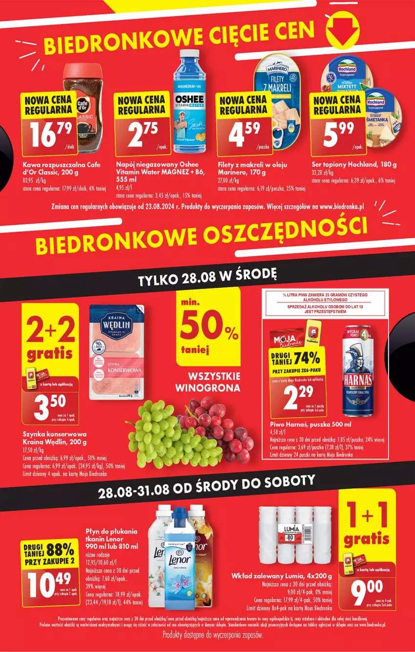 Gazetka promocyjna Biedronka - ważna 28.08 do 31.08.2024 - strona 2 - produkty: Hochland, Kawa, Kawa rozpuszczalna, Lenor, Magnez, Napój, Napój niegazowany, Olej, Oshee, Piwo, Płyn do płukania, Ser, Ser topiony, Szynka, Top