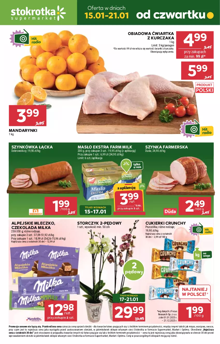 Gazetka promocyjna Stokrotka - Supermarket - ważna 15.01 do 21.01.2026 - strona 1 - produkty: Cukier, Cukierki, Czekolada, Duda, Fa, Farm Milk, Kurczak, Mandarynki, Masło, Mięso, Milka, Mleczko, Optima, Owoce, Sok, Storczyk, Szynka, Szynka farmerska, Warzywa