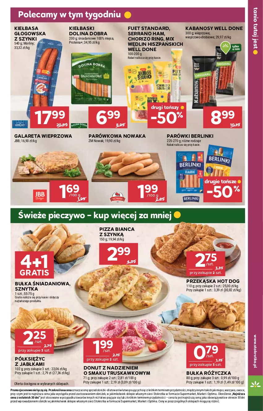 Gazetka promocyjna Stokrotka - Supermarket - ważna 15.01 do 21.01.2026 - strona 11 - produkty: Berlinki, Bułka, Danio, Donut, Gala, Gra, Hot dog, Jabłka, Kabanos, Kiełbasa, Kiełbasa głogowska, Mięso, Morliny, NOWAK, Optima, Owoce, Parówki, Piec, Pieczywo, Pizza, Ser, Warzywa