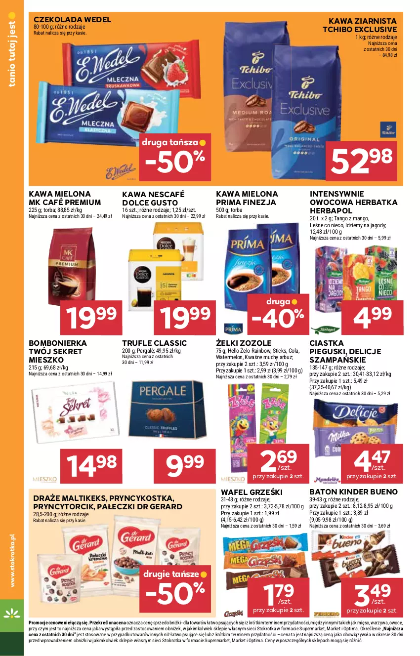 Gazetka promocyjna Stokrotka - Supermarket - ważna 15.01 do 21.01.2026 - strona 16 - produkty: Arbuz, Baton, Ciastka, Czekolada, Delicje, Dolce Gusto, Dr Gerard, Grześki, Herbapol, Jagody, Kawa, Kawa mielona, Kawa ziarnista, Kinder, Kinder Bueno, Kret, Mango, Melon, Mięso, Nescafé, Optima, Owoce, Prima, Tchibo, Torba, Warzywa