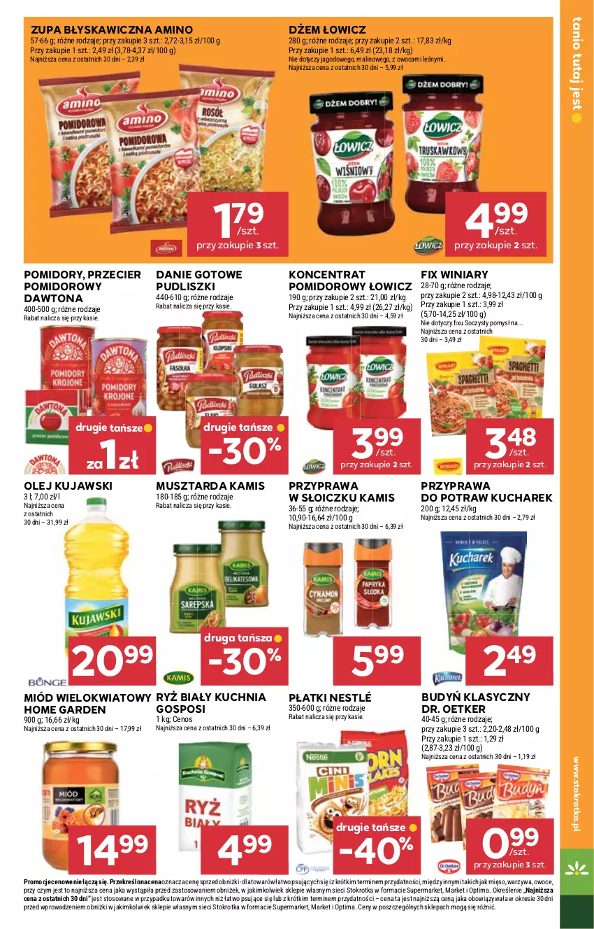 Gazetka promocyjna Stokrotka - Supermarket - ważna 15.01 do 21.01.2026 - strona 17 - produkty: Budyń, Cenos, Danie gotowe, Dawtona, Dr. Oetker, Dżem, Kamis, Kucharek, Kuchnia, Kujawski, Mięso, Miód, Mus, Musztarda, Nestlé, Olej, Optima, Owoce, Pomidory, Przyprawa do potraw, Pudliszki, Ryż, Ryż biały, Warzywa, Winiary, Zupa