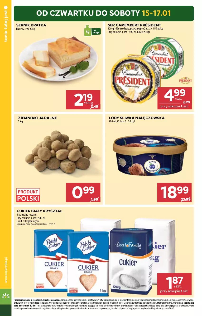 Gazetka promocyjna Stokrotka - Supermarket - ważna 15.01 do 21.01.2026 - strona 2 - produkty: Camembert, Cukier, Lody, Mięso, Optima, Owoce, Président, Ser, Warzywa, Ziemniaki