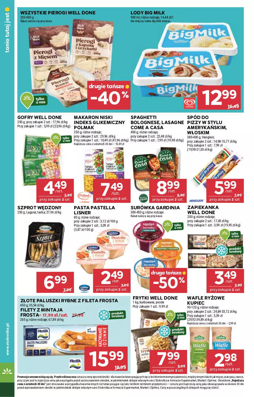 Gazetka promocyjna Stokrotka - Supermarket - ważna 15.01 do 21.01.2026 - strona 20 - produkty: Big Milk, Frosta, Frytki, Gofry, Kupiec, Lasagne, Lisner, Lody, Makaron, Mięso, Mintaj, Olma, Optima, Owoce, Paluszki rybne, Pastella, Piec, Pierogi, Ryż, Spaghetti, Surówka, Szprot, Wafle, Warzywa, Zapiekanka