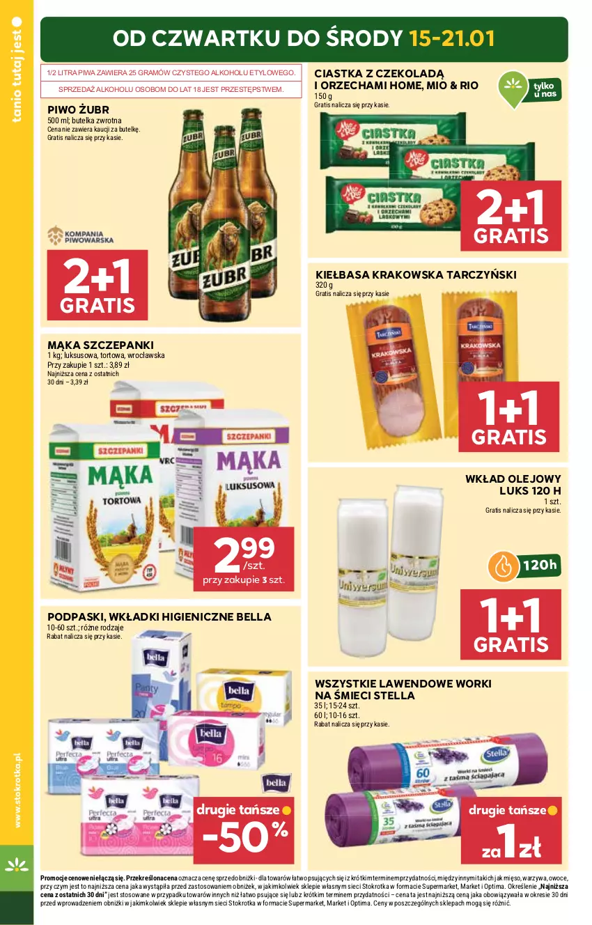 Gazetka promocyjna Stokrotka - Supermarket - ważna 15.01 do 21.01.2026 - strona 4 - produkty: Bell, Bella, Ciastka, Gra, Kiełbasa, Kiełbasa krakowska, Mąka, Mięso, Olej, Optima, Owoce, Piwa, Piwo, Podpaski, Tarczyński, Warzywa, Wkład olejowy, Wkładki, Worki na śmiec, Worki na śmieci