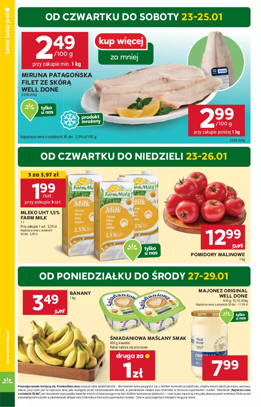 Gazetka promocyjna Stokrotka - Market Opole/Radom - ważna 23.01 do 29.01.2025 - strona 4 - produkty: Banany, Danio, Fa, Farm Milk, Gin, HP, Majonez, Miruna, Mleko, Pomidory, Tago