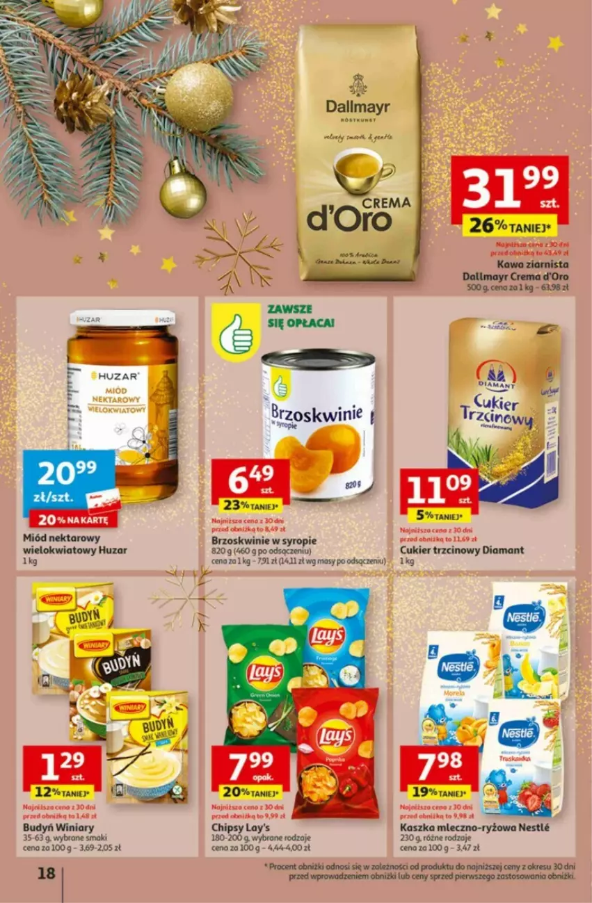 Gazetka promocyjna Auchan - ważna 16.11 do 22.11.2023 - strona 10 - produkty: Brzoskwinie, Budyń, Chipsy, Cukier, Cukier trzcinowy, Dallmayr, Diamant, Kawa, Kawa ziarnista, Miód, Nektar, Ryż, Syrop, Winiary