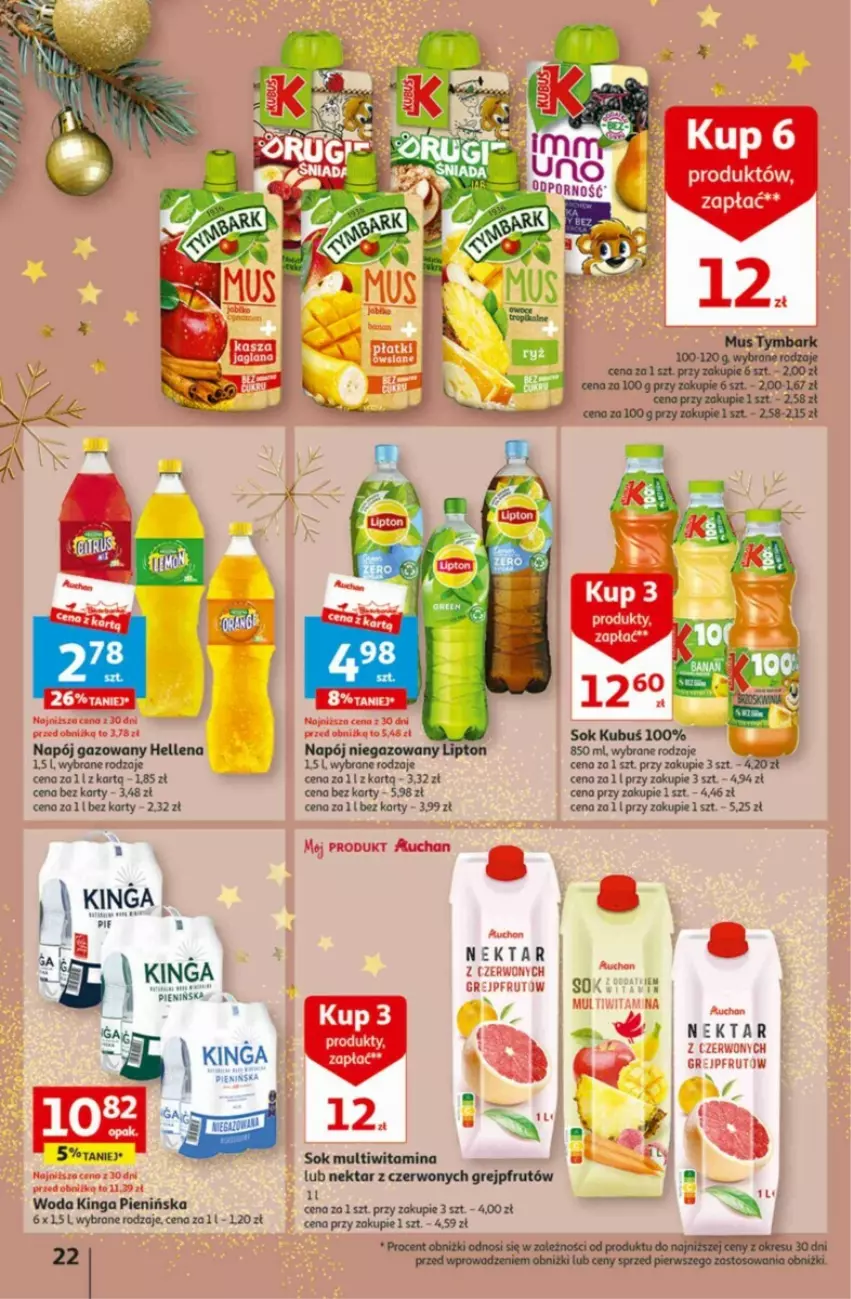 Gazetka promocyjna Auchan - ważna 16.11 do 22.11.2023 - strona 15 - produkty: Grejpfrut, Hellena, Kubuś, Mus, Napój, Napój gazowany, Nektar, Sok, Tymbark, Woda