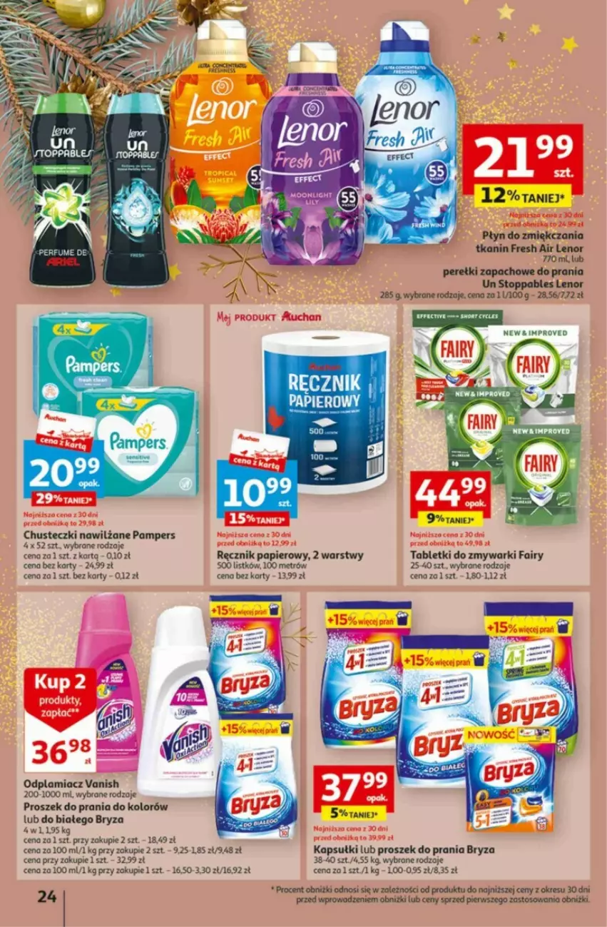 Gazetka promocyjna Auchan - ważna 16.11 do 22.11.2023 - strona 17 - produkty: Bryza, Chusteczki, Fa, Fairy, Lenor, Odplamiacz, Pampers, Papier, Perełki zapachowe, Proszek do prania, Ręcznik, Stopp, Tablet, Tabletki do zmywarki, Top, Vanish, Zmywarki