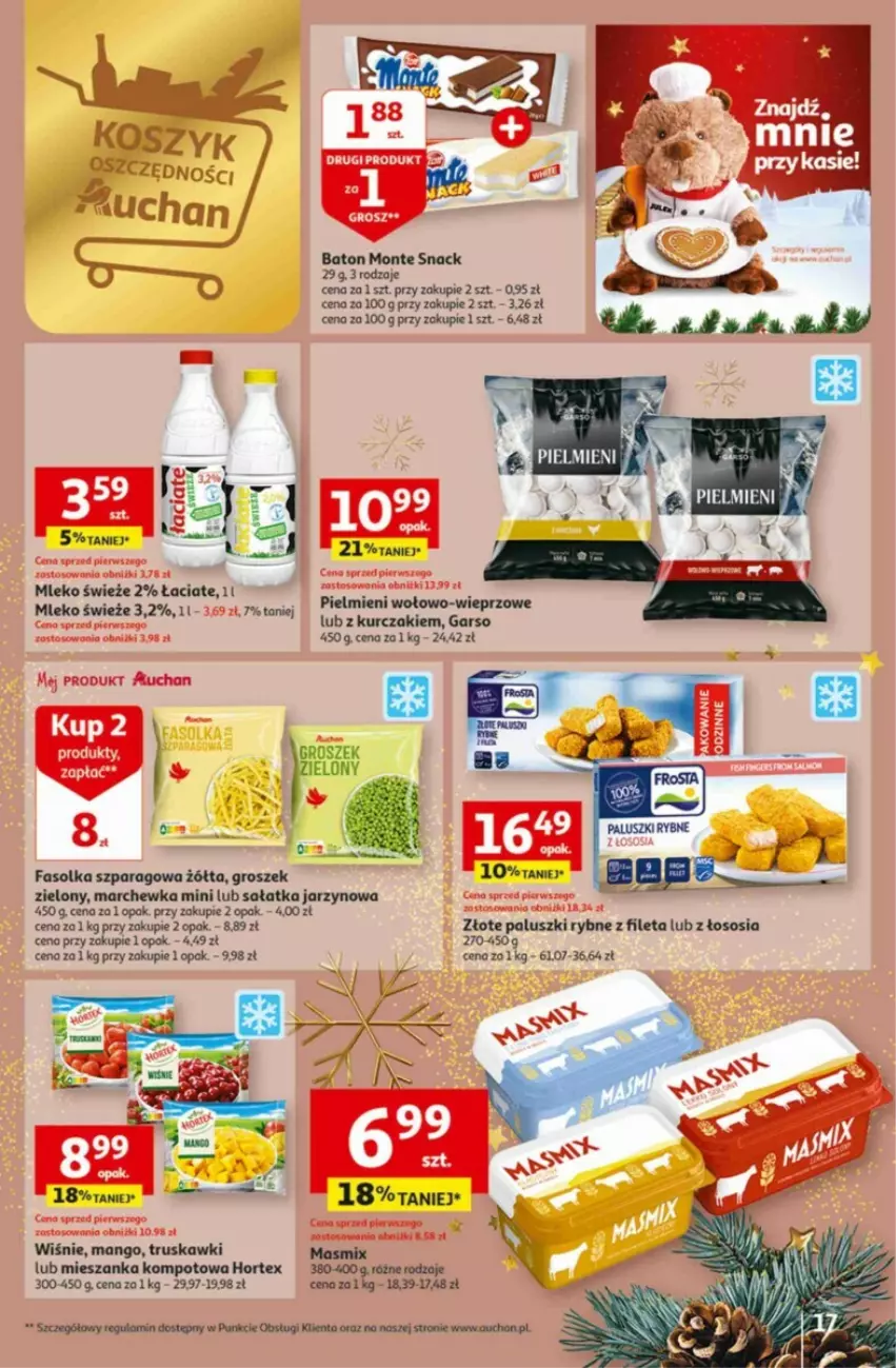 Gazetka promocyjna Auchan - ważna 16.11 do 22.11.2023 - strona 9 - produkty: Baton, Fa, Groszek, Hortex, Kosz, Kurczak, Mango, Marchewka, Mieszanka kompotowa, Mleko, Monte, Paluszki rybne, Sałat, Sałatka, Sos, Truskawki