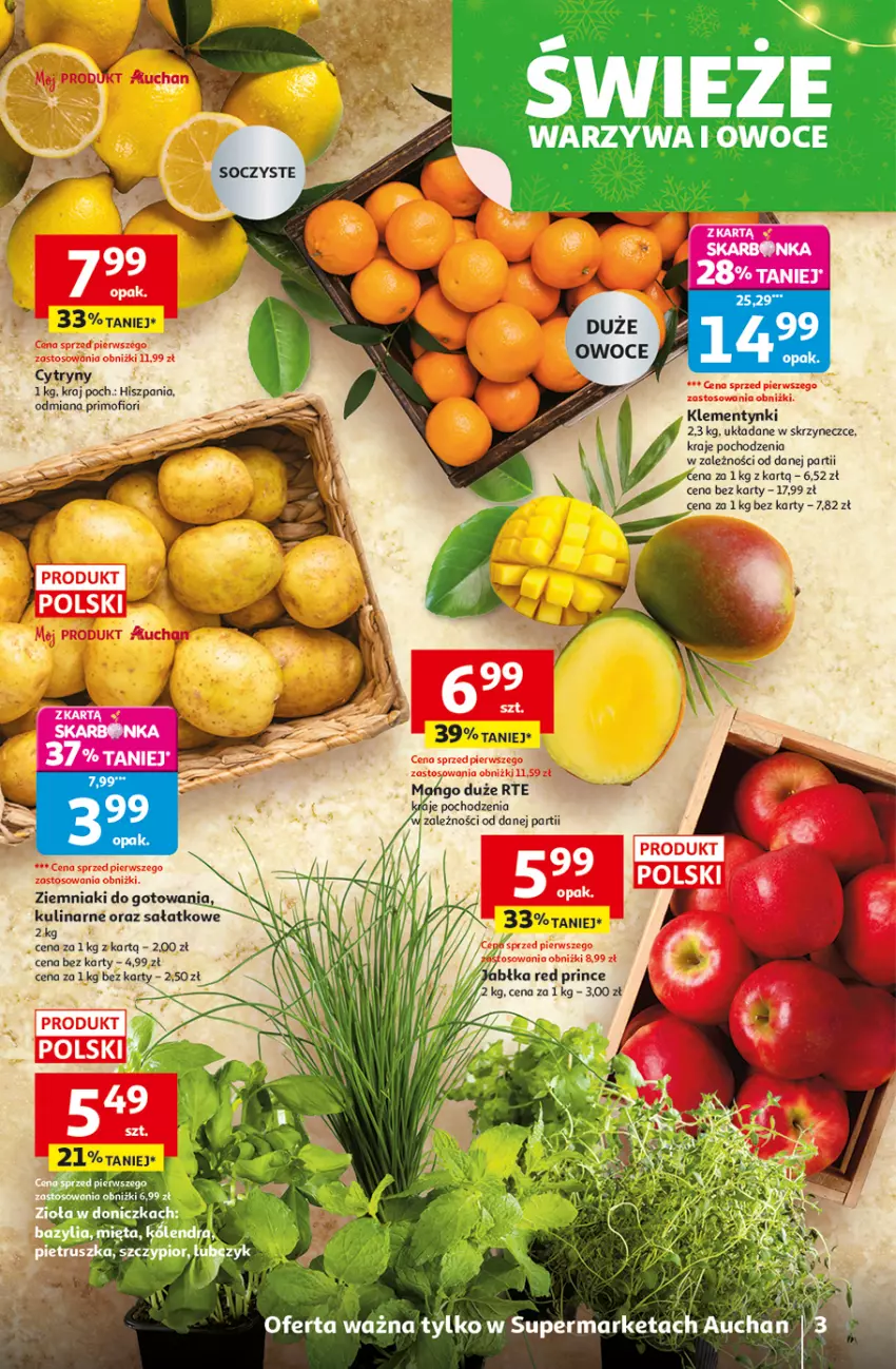 Gazetka promocyjna Auchan - Święta jak babcię kocham Supermarket - ważna 18.12 do 23.12.2025 - strona 3 - produkty: Cytryny, Fa, Jabłka, Klementynki, Owoce, Sałat, Ziemniaki