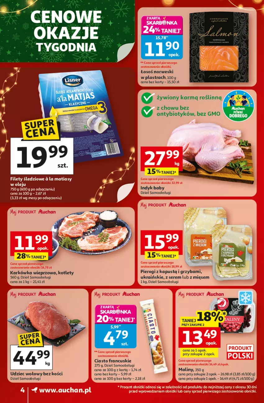 Gazetka promocyjna Auchan - Święta jak babcię kocham Supermarket - ważna 18.12 do 23.12.2025 - strona 4 - produkty: Ciasto francuskie, Kapustą, Karkówka wieprzowa, Kotlet, Maliny, Olej, Pierogi, Ser, Udziec wołowy