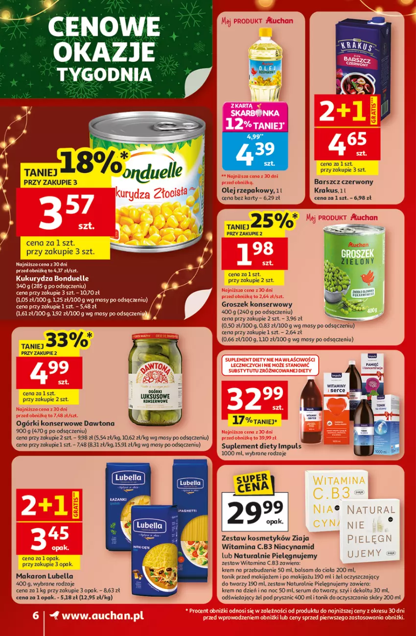 Gazetka promocyjna Auchan - Święta jak babcię kocham Supermarket - ważna 18.12 do 23.12.2025 - strona 6 - produkty: Balsam do ciała, Bell, Bella, Dawtona, Fa, Groszek, Krakus, Krem na dzień, Krem na dzień i na noc, Lubella, Makaron, Makijaż, Ogórki konserwowe, Olej, Olej rzepakowy, Rum, Ser, Serum, Serum do twarzy, Suplement diety, Tonik, Ziaja