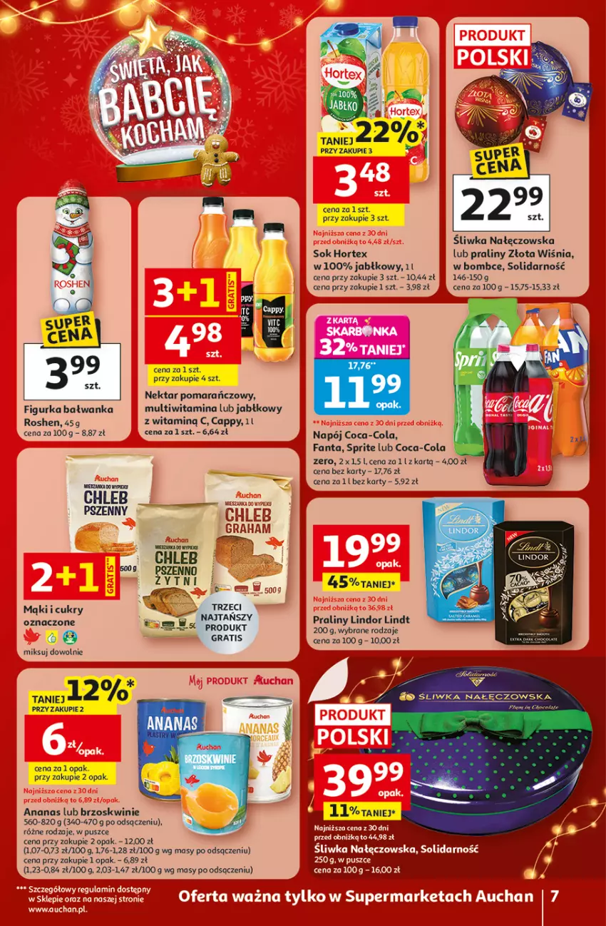 Gazetka promocyjna Auchan - Święta jak babcię kocham Supermarket - ważna 18.12 do 23.12.2025 - strona 7 - produkty: Ananas, Brzoskwinie, Cappy, Chleb, Coca-Cola, Fa, Fanta, Figurka bałwan, Gra, Hortex, Lindor, Lindt, Napój, Nektar, Praliny, Sezam, Sok, Sprite