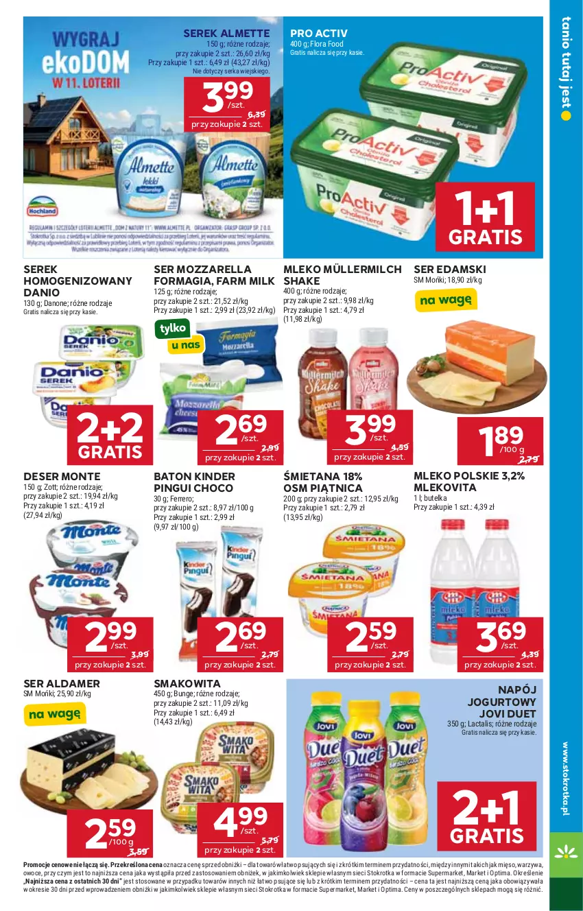Gazetka promocyjna Stokrotka - Market - ważna 01.10 do 07.10.2026 - strona 15 - produkty: Almette, Baton, Danio, Danone, Deser, Edam, Fa, Farm Milk, Ferrero, Flora, Gra, Jogurt, Kinder, Mięso, Mleko, Mlekovita, Monte, Mozzarella, Müller, Müllermilch, Napój, Napój jogurtowy, Optima, Owoce, Piątnica, Ser, Serek, Serek homogenizowany, Smakowita, Warzywa, Zott