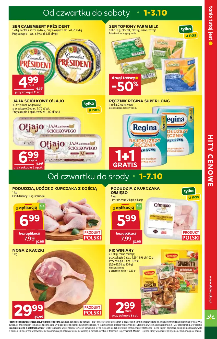 Gazetka promocyjna Stokrotka - Market - ważna 01.10 do 07.10.2026 - strona 3 - produkty: Camembert, Fa, Farm Milk, Gin, Gra, Jaja, Kurczak, Mięso, Noga z kaczki, Optima, Owoce, Président, Ręcznik, Ser, Ser topiony, Top, Warzywa, Winiary