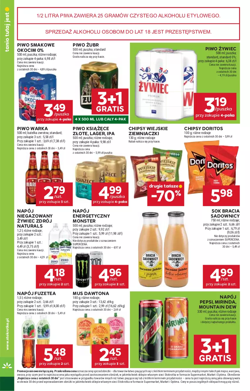 Gazetka promocyjna Stokrotka - Market - ważna 01.10 do 07.10.2026 - strona 32 - produkty: Chipsy, Dawtona, Gra, Koc, Książęce, Mięso, Mirinda, Mus, Napój, Napój energetyczny, Napój niegazowany, Okocim, Optima, Owoce, Pepsi, Piwa, Piwo, Sok, Warka, Warzywa