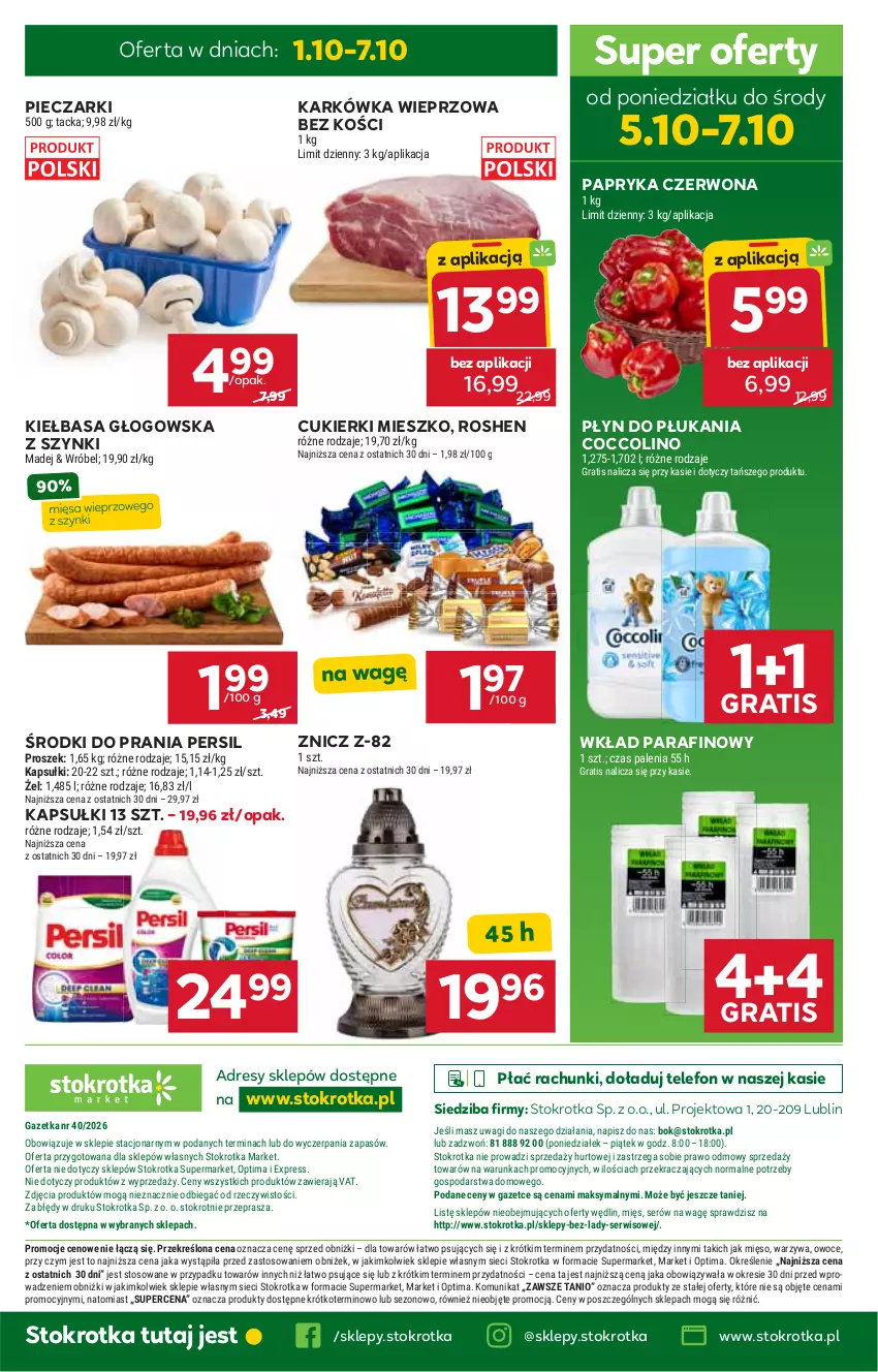 Gazetka promocyjna Stokrotka - Market - ważna 01.10 do 07.10.2026 - strona 38 - produkty: Coccolino, Cukier, Cukierki, Dres, Gra, Karkówka wieprzowa, Kiełbasa, Kiełbasa głogowska, Mięso, O nas, Optima, Owoce, Papryka, Papryka czerwona, Persil, Piec, Płyn do płukania, Ser, Telefon, Wagi, Warzywa, Znicz