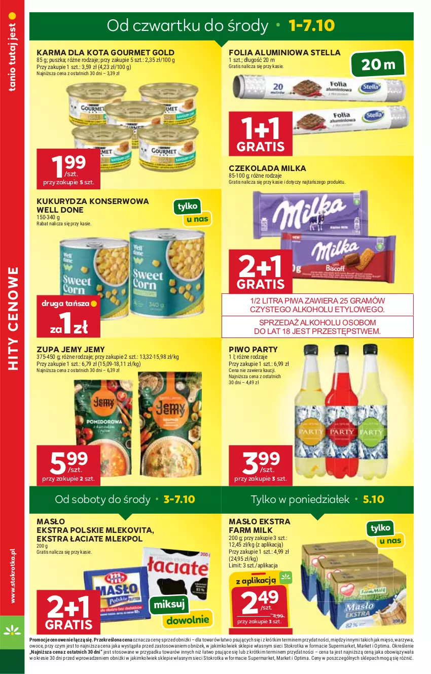 Gazetka promocyjna Stokrotka - Market - ważna 01.10 do 07.10.2026 - strona 4 - produkty: Czekolada, Fa, Farm Milk, Folia aluminiowa, Gourmet Gold, Gra, Kukurydza, Kukurydza konserwowa, Masło, Mięso, Milka, Mleko, Mlekovita, Optima, Owoce, Piwa, Piwo, Ser, Warzywa, Zupa