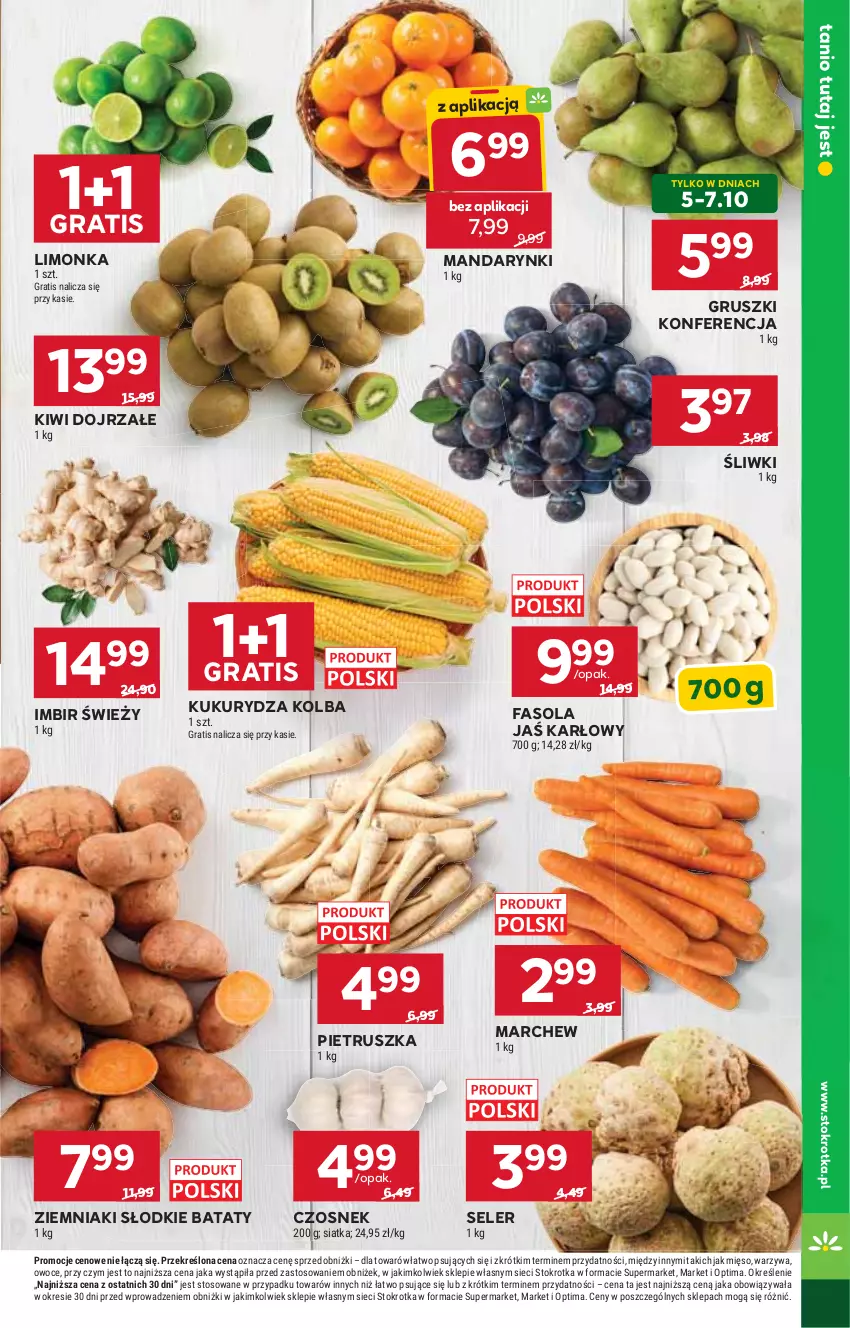 Gazetka promocyjna Stokrotka - Market - ważna 01.10 do 07.10.2026 - strona 9 - produkty: Czosnek, Fa, Fasola, Gra, Gruszki, Imbir, Kiwi, Kukurydza, Limonka, Mandarynki, Mięso, Optima, Owoce, Pietruszka, Siatka, Warzywa, Ziemniaki