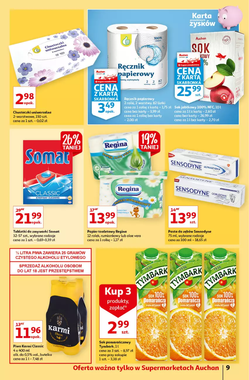 Gazetka promocyjna Auchan - przeNISKIE CENY na przebojowe marki Supermarkety - ważna 10.02 do 16.02.2022 - strona 9 - produkty: Aloe vera, Chusteczki, Gin, Gra, Karmi, Papier, Papier toaletowy, Pasta do zębów, Piwa, Piwo, Ręcznik, Rolki, Rum, Sok, Sok jabłkowy, Sok pomarańczowy, Somat, Tarka, Tymbark, Zmywarki