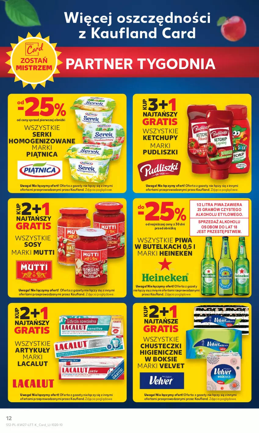 Gazetka promocyjna Kaufland - Gazetka tygodnia - ważna 06.07 do 12.07.2023 - strona 12 - produkty: Chusteczki, Gra, Heineken, Ketchup, Lacalut, Piątnica, Piwa, Pudliszki, Ser, Sos, Velvet, Waga