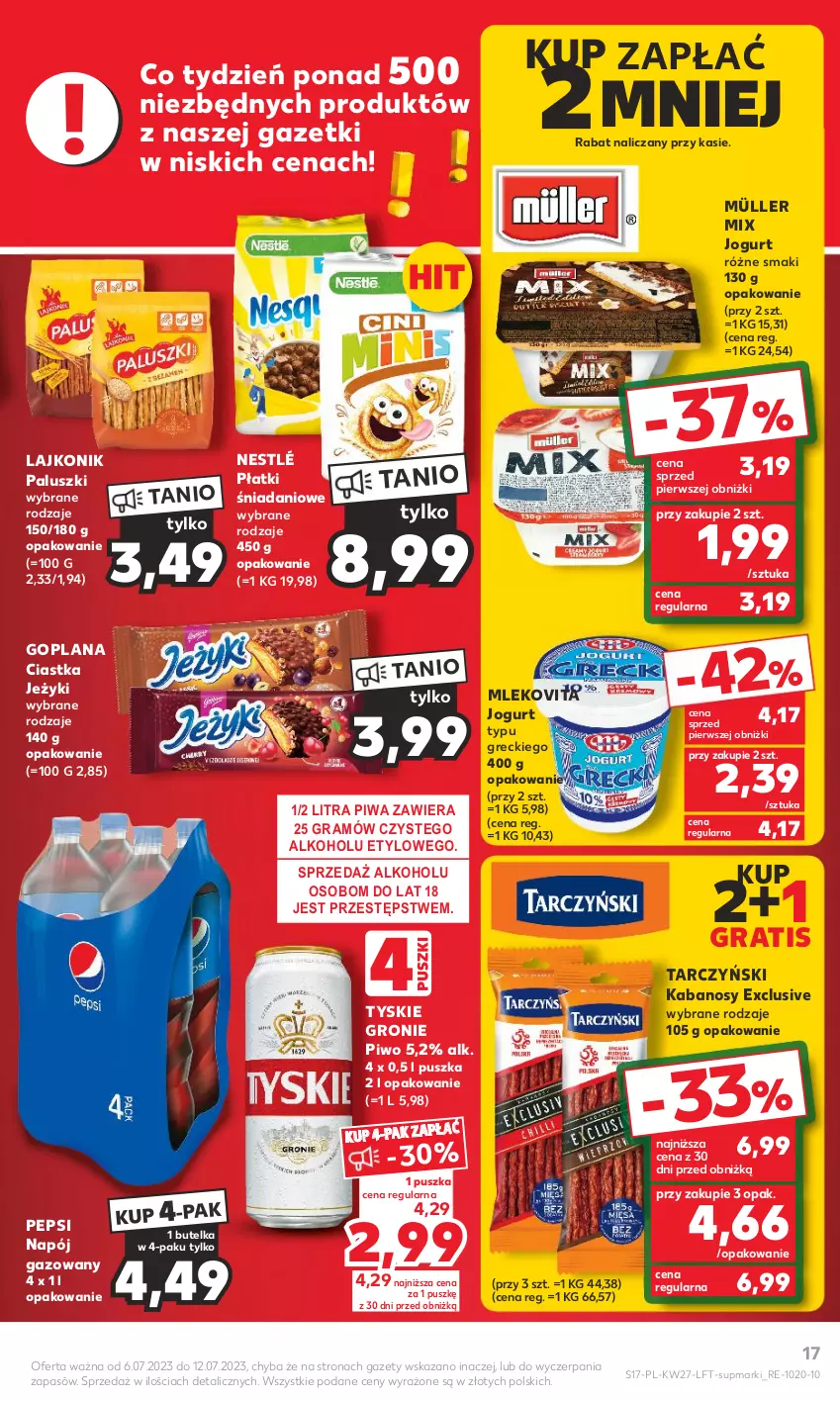 Gazetka promocyjna Kaufland - Gazetka tygodnia - ważna 06.07 do 12.07.2023 - strona 17 - produkty: Ciastka, Danio, Goplana, Gra, Jeżyki, Jogurt, Kabanos, Lajkonik, LANA, Mleko, Mlekovita, Müller, Müller Mix, Napój, Napój gazowany, Nestlé, Pepsi, Piwa, Piwo, Tarczyński, Tyskie