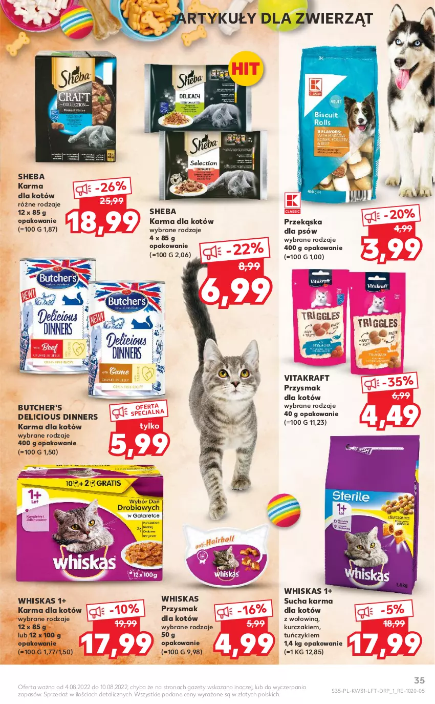 Gazetka promocyjna Kaufland - OFERTA TYGODNIA - ważna 04.08 do 10.08.2022 - strona 35 - produkty: Butcher's, Kurczak, Przekąska dla psów, Sheba, Sucha karma, Tuńczyk, Vitakraft, Whiskas