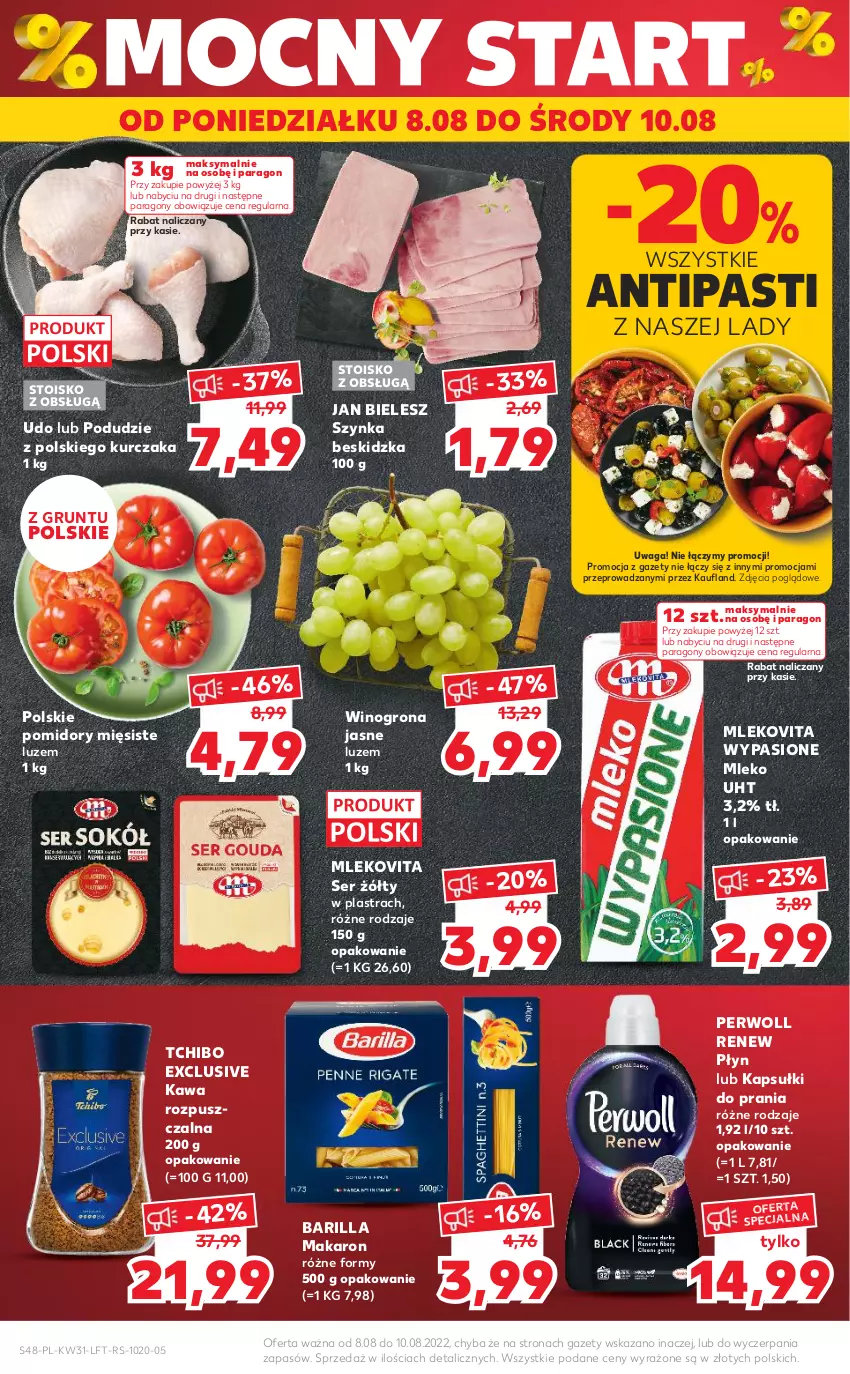 Gazetka promocyjna Kaufland - OFERTA TYGODNIA - ważna 04.08 do 10.08.2022 - strona 48 - produkty: Barilla, Grunt, Kapsułki do prania, Kawa, Kawa rozpuszczalna, Kurczak, Makaron, Mleko, Mlekovita, Perwoll, Pomidory, Ser, Szynka, Tchibo, Waga, Wino, Winogrona