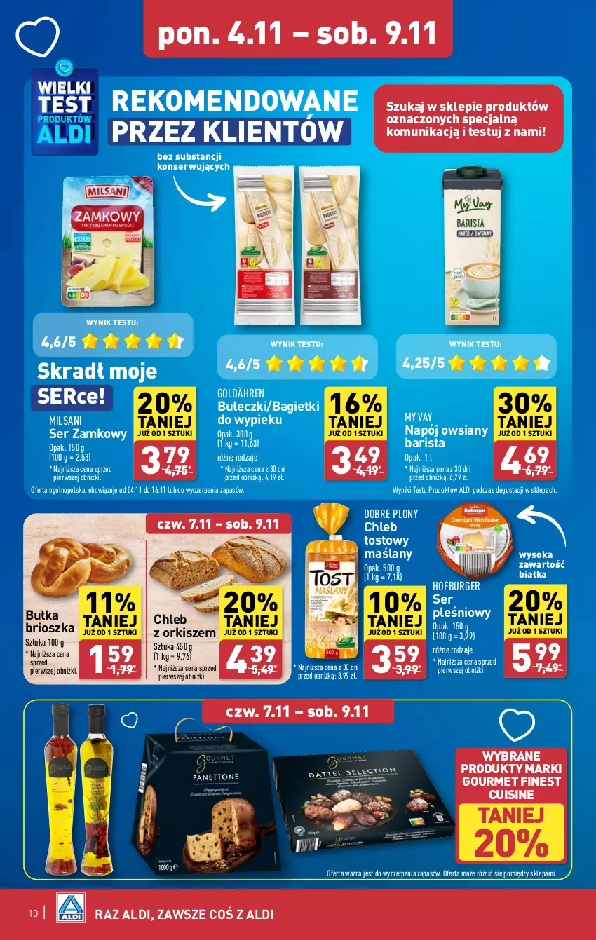 Gazetka promocyjna Aldi - Pełna oferta - ważna 04.11 do 09.11.2024 - strona 10 - produkty: Bułeczki, Bułka, Bułka brioszka, Burger, Chleb, Chleb tostowy, Hofburger, Napój, Ser, Ser pleśniowy, Sok