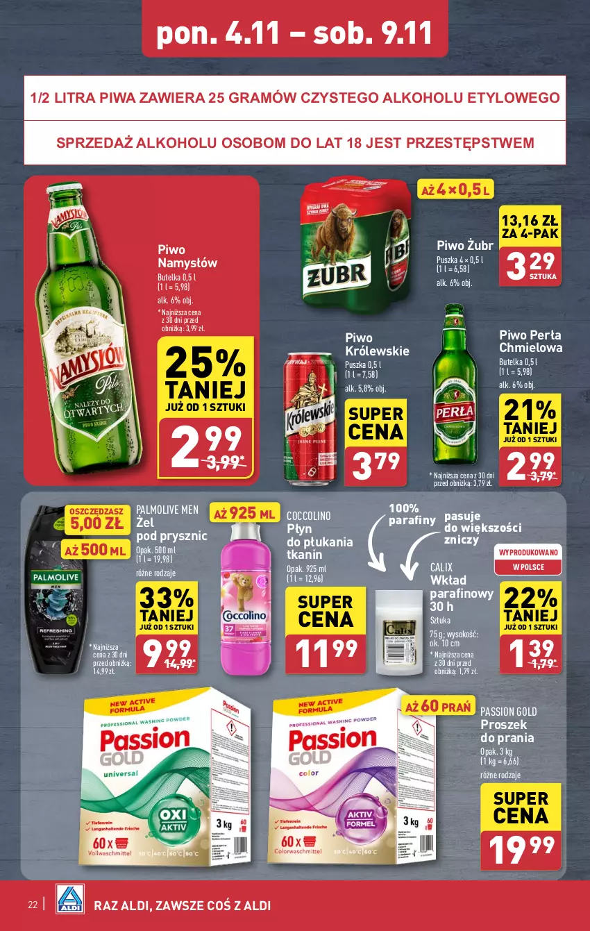 Gazetka promocyjna Aldi - Pełna oferta - ważna 04.11 do 09.11.2024 - strona 22 - produkty: Coccolino, Gra, Królewski, Namysłów, Palmolive, Perła, Piwa, Piwo, Płyn do płukania, Proszek do prania, Sok, Znicz