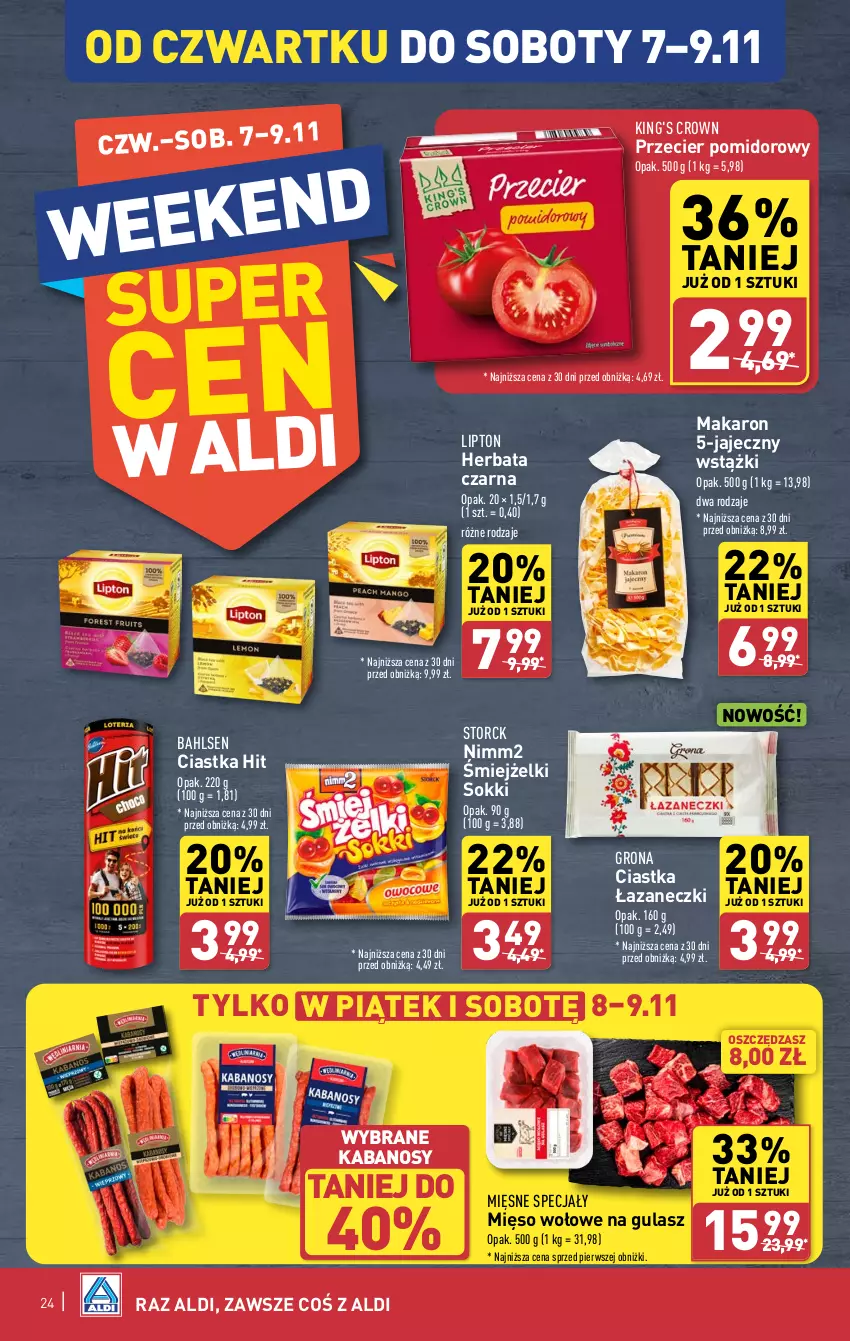 Gazetka promocyjna Aldi - Pełna oferta - ważna 04.11 do 09.11.2024 - strona 24 - produkty: Ciastka, Herbata, Herbata czarna, Kabanos, Lipton, Makaron, Mięsne specjały, Mięso, Mięso wołowe, Nimm2, Sok