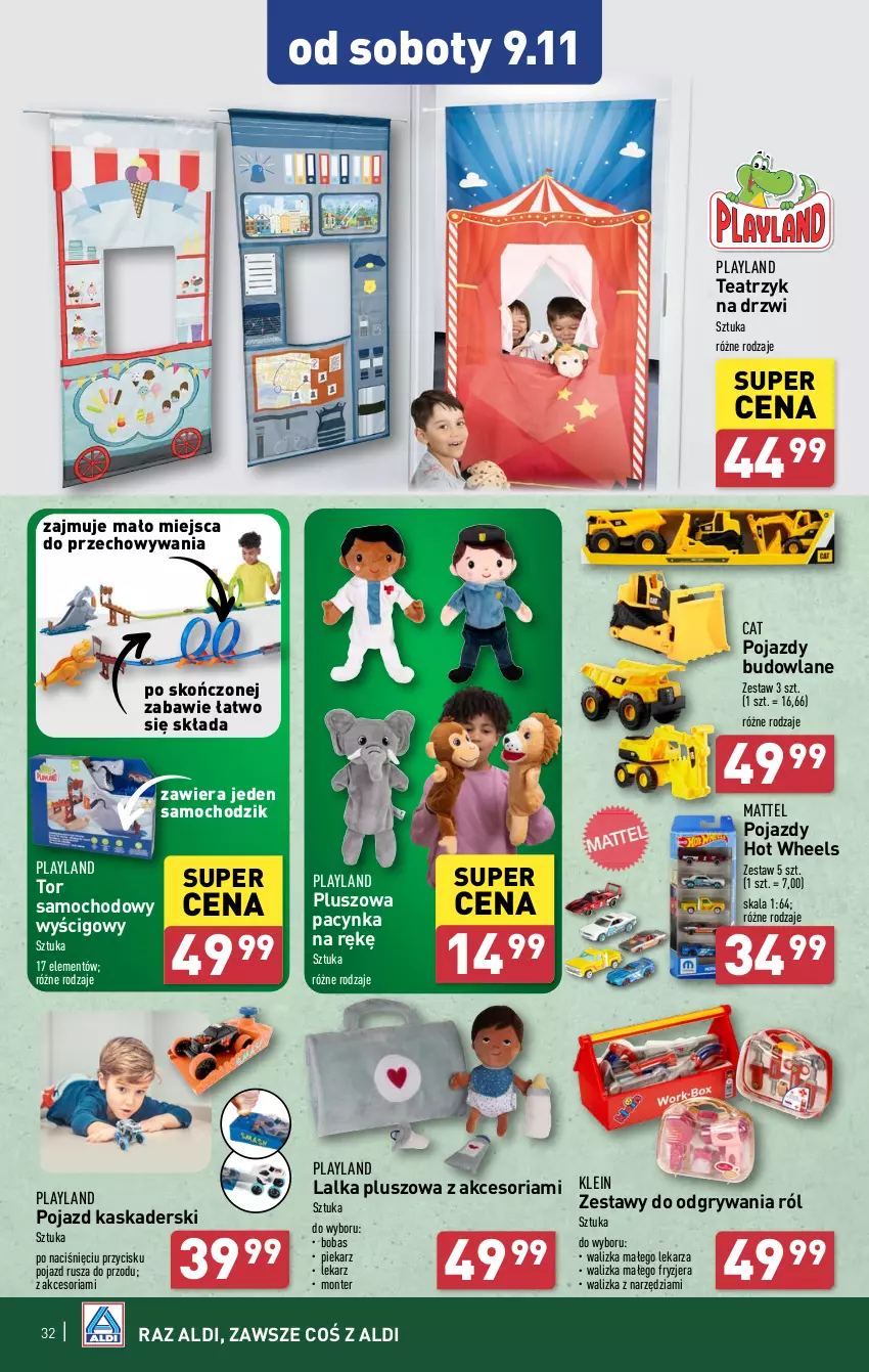 Gazetka promocyjna Aldi - Pełna oferta - ważna 04.11 do 09.11.2024 - strona 32 - produkty: Chodzik, Cynk, Drzwi, Gry, Hot Wheels, Kask, Lalka, Mattel, Monte, Pojazd, Pojazdy budowlane, Walizka