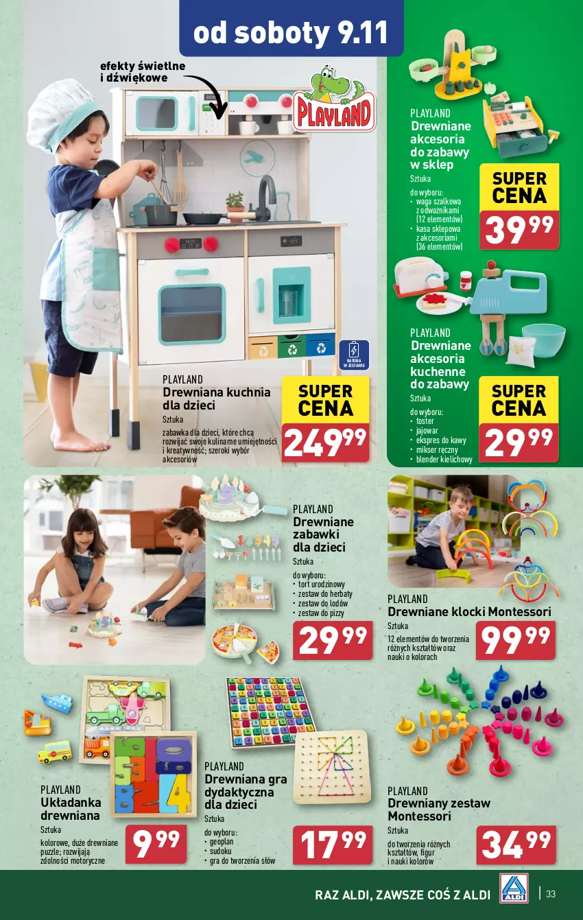 Gazetka promocyjna Aldi - Pełna oferta - ważna 04.11 do 09.11.2024 - strona 33 - produkty: Bateria, Blender, Drewniana kuchnia, Drewniane klocki, Dzieci, Gra, Klocki, Kuchnia, Mikser, Mikser ręczny, Monte, Puzzle, Ser, Szal, Toster, Układanka, Waga, Zabawka