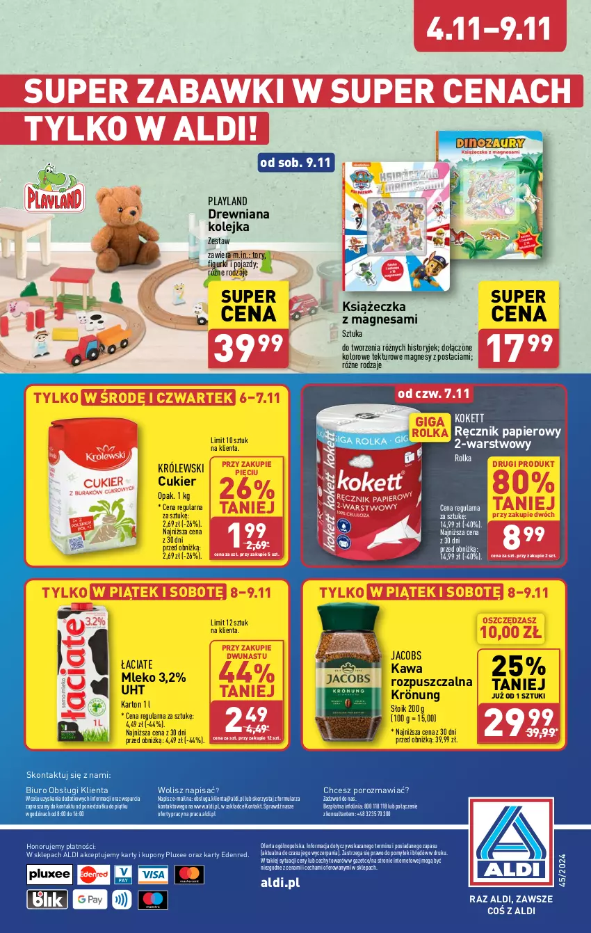 Gazetka promocyjna Aldi - Pełna oferta - ważna 04.11 do 09.11.2024 - strona 36 - produkty: Biuro, Cukier, Drewniana kolejka, Jacobs, Kawa, Kawa rozpuszczalna, Kolejka, Królewski, Mleko, O nas, Olej, Papier, Pojazd, Por, Ręcznik