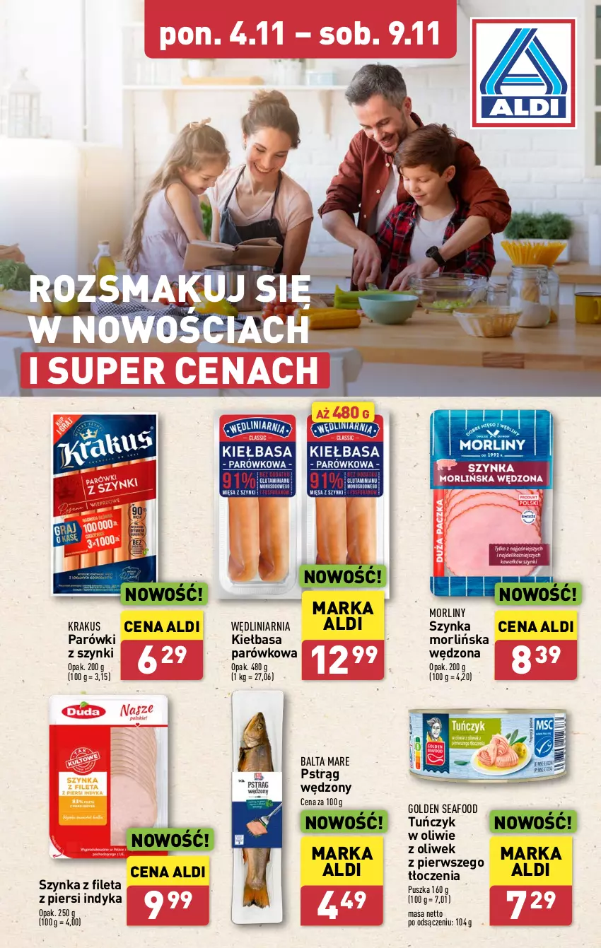 Gazetka promocyjna Aldi - Pełna oferta - ważna 04.11 do 09.11.2024 - strona 6 - produkty: Balta Mare, Golden Seafood, Kiełbasa, Krakus, Morliny, Parówki, Parówki z szynki, Pstrąg, Pstrąg wędzony, Szynka, Tuńczyk